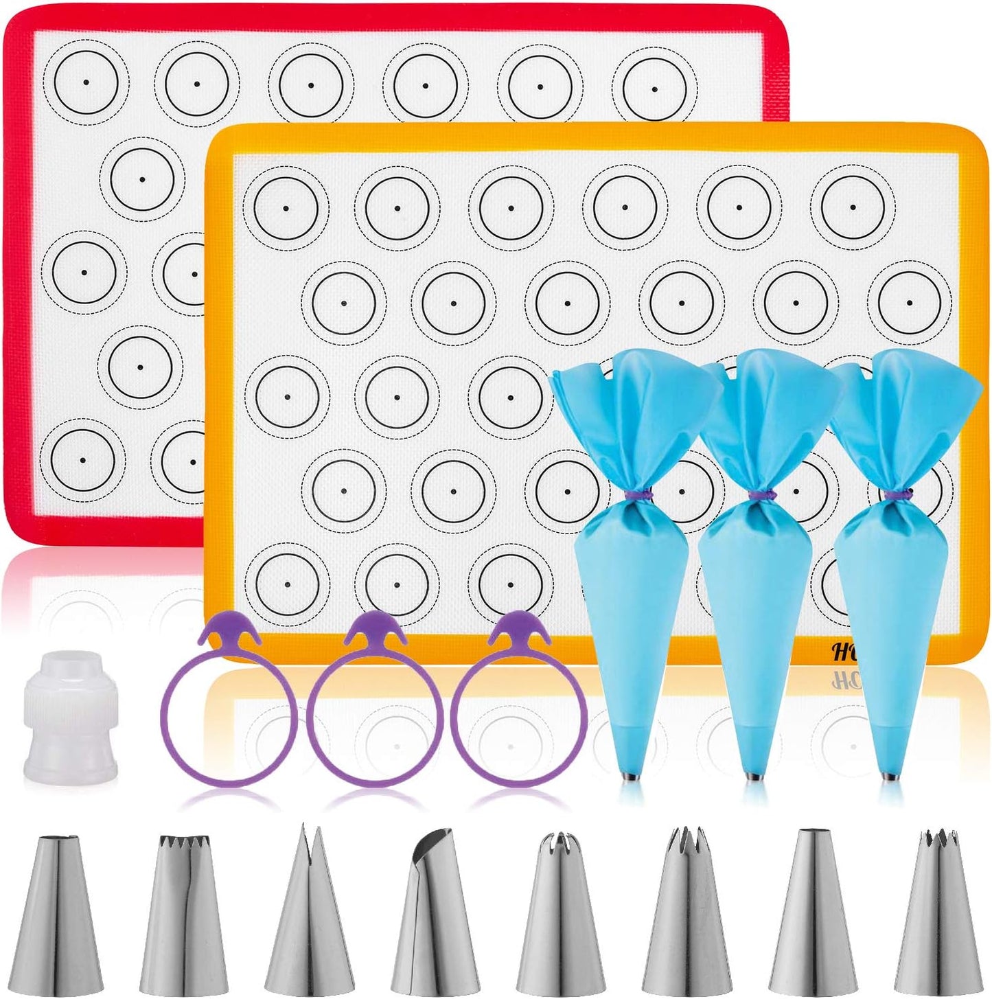 HOTPOP Piping Bags and Tips Set for Macarons - 17-Piece Baking Supplies Kit - Reusable Silicone Pastry Bags - 2 Half-Size Baker Mats - Ideal for Home Pastry Baking (16.5"x11.5")