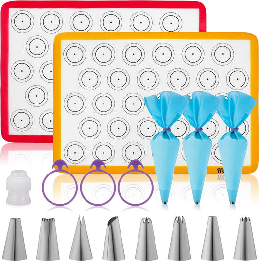 HOTPOP Piping Bags and Tips Set for Macarons - 17-Piece Baking Supplies Kit - Reusable Silicone Pastry Bags - 2 Half-Size Baker Mats - Ideal for Home Pastry Baking (16.5"x11.5")