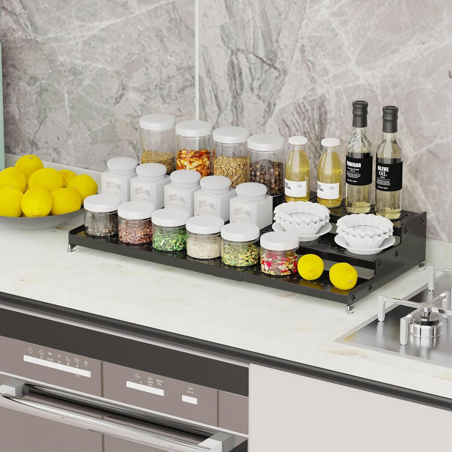 Expandable Spice Rack organizer with 3-Tier step shelf,Modern Design heavy duty,Non Skid and Visibility ,Great for Kitchen Cabinet,Bathroom,dressing table,Cupboard, Pantry and more(2PACKS/BLACK)