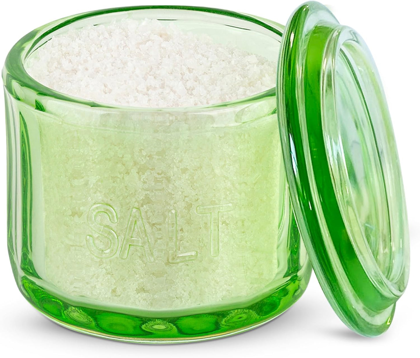 KooK Glass Salt Cellar, with Lid, Embossed Pressed Glass, Clear Storage Container, for Coffee, Sugar, Spices and Candies, 10 oz (Lime Green)