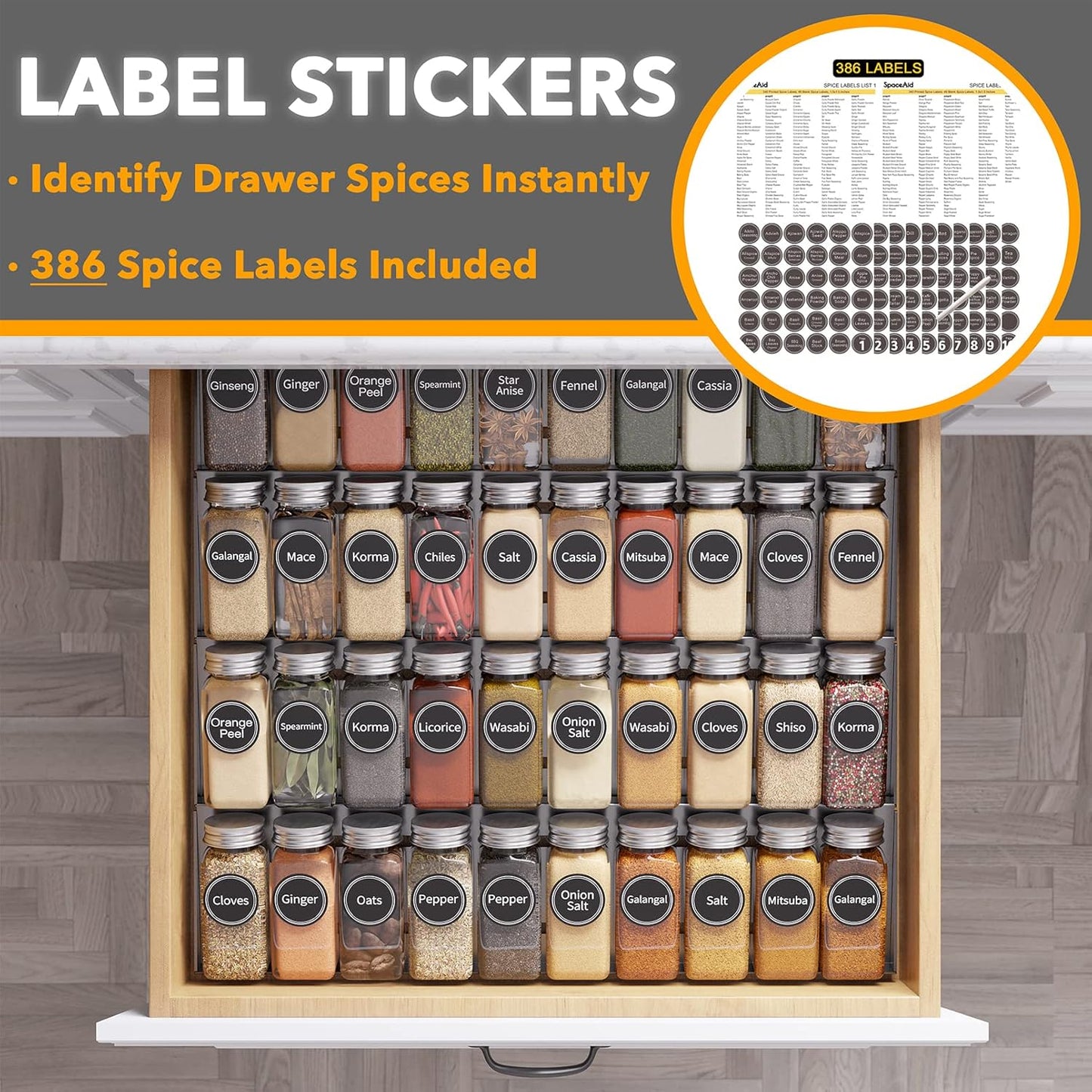 SpaceAid Spice Drawer Organizer with 40 Spice Jars, 386 Spice Labels, 4 Tier Seasoning Rack Tray Insert for Kitchen Drawers, 18.5" Wide x 17.5" Deep