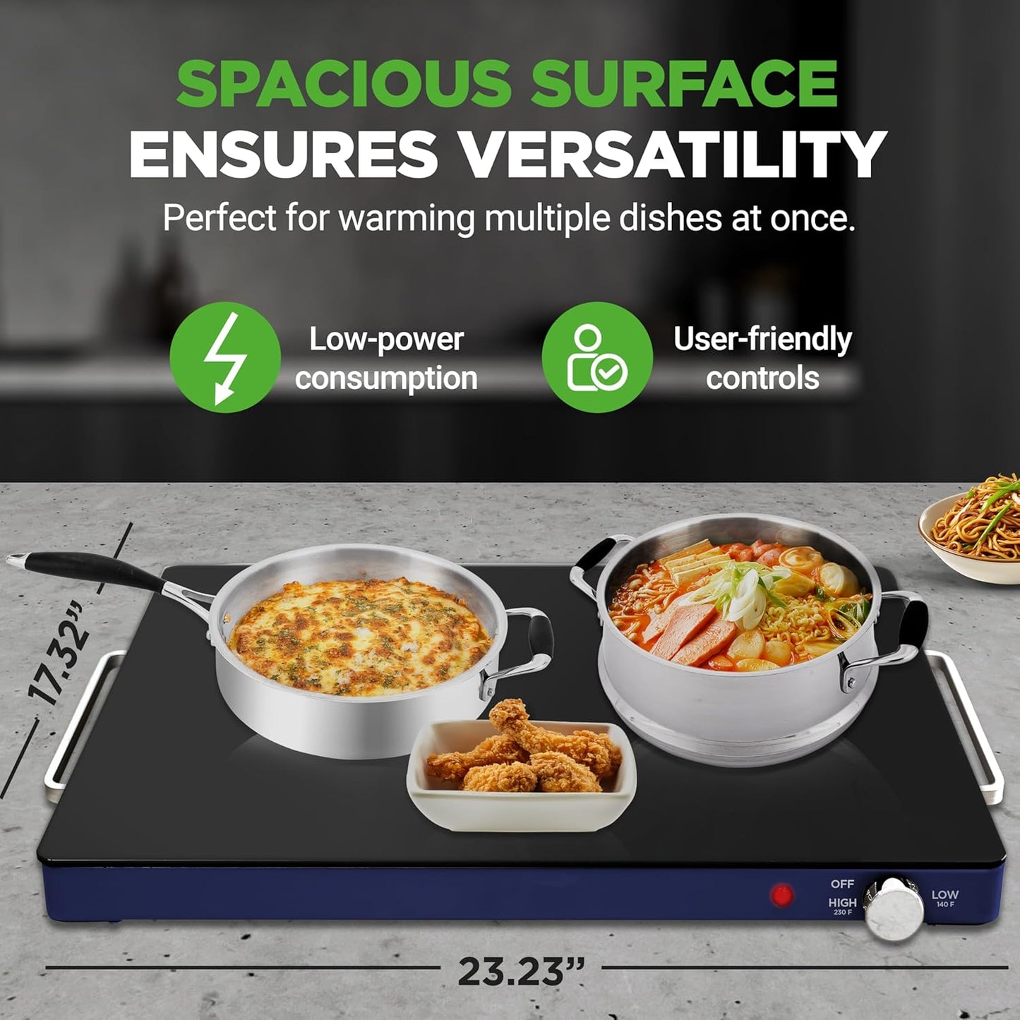 NutriChef Electric Warming Tray | Glass Surface Hot Serving Tray | Adjustable Temperature 140°F to 230°F | Energy Efficient & Space Saving | Perfect for Buffets,Parties & More | 21.2 x 16.5 IN | Blue