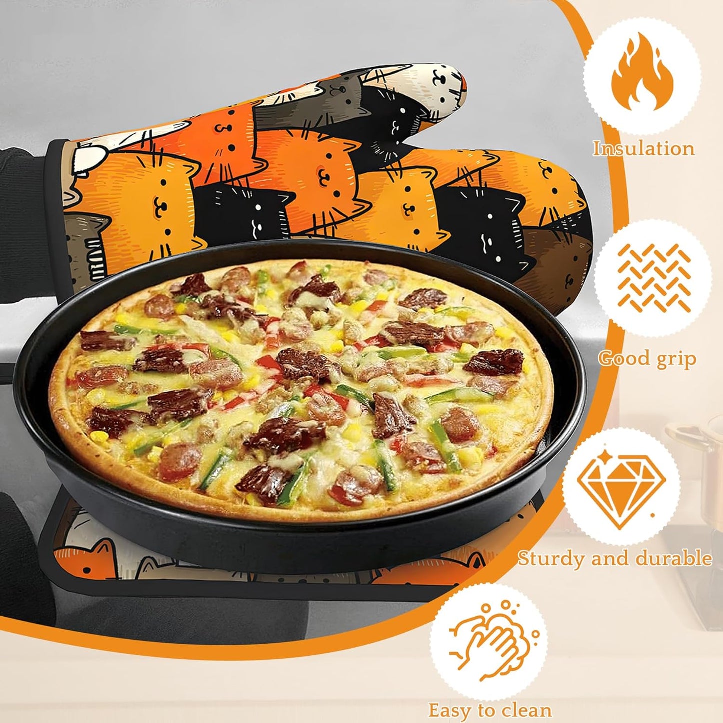 Funny Cute Cat Oven Mitts and Pot Holders Set,Kitchen Decor Heat Resistant Non Slip Hot Pads and Oven Mitt for Chef Cooking Baking BBQ Mom Girl Gifts(4 Piece Set)