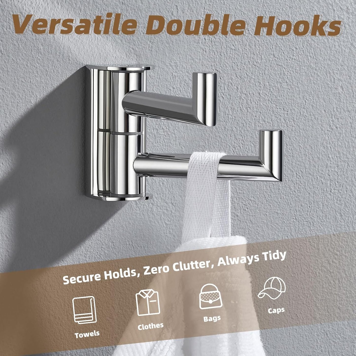 APLusee Double Swivel Towel Hook Wall Mounted, 304 Stainless Steel Folding Coat Hook with 2 Rotating Arms, Polished Chrome