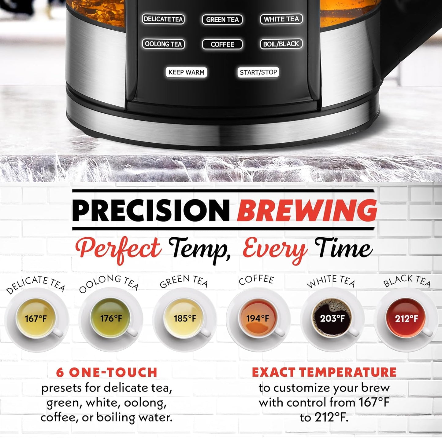 Gourmia Electric Programmable Glass Kettle – 1.7L Temperature Control Tea & Coffee Kettle with Digital Touch Display, 6 Presets, Keep Warm, Removable Stainless Steel Infuser, 360° Swivel Base – Black