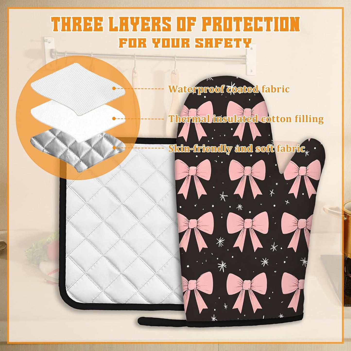 Cute Pink Bow Oven Mitts and Pot Holders,Heat Resistant Oven Mitts Gloves and Pot Holder for Home Kitchen Decorations Cooking Baking BBQ Gifts,Set of 4