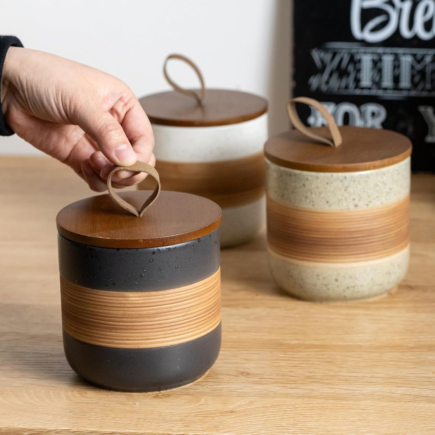 Small Ceramic Jar with Lid, Coffee Container Kitchen Food Storage Jars for Spice Sugar Tea Bag Matcha Container Airtight, Stacairtightkable Decorative Jars for Countertop, Black & 5 fl.oz