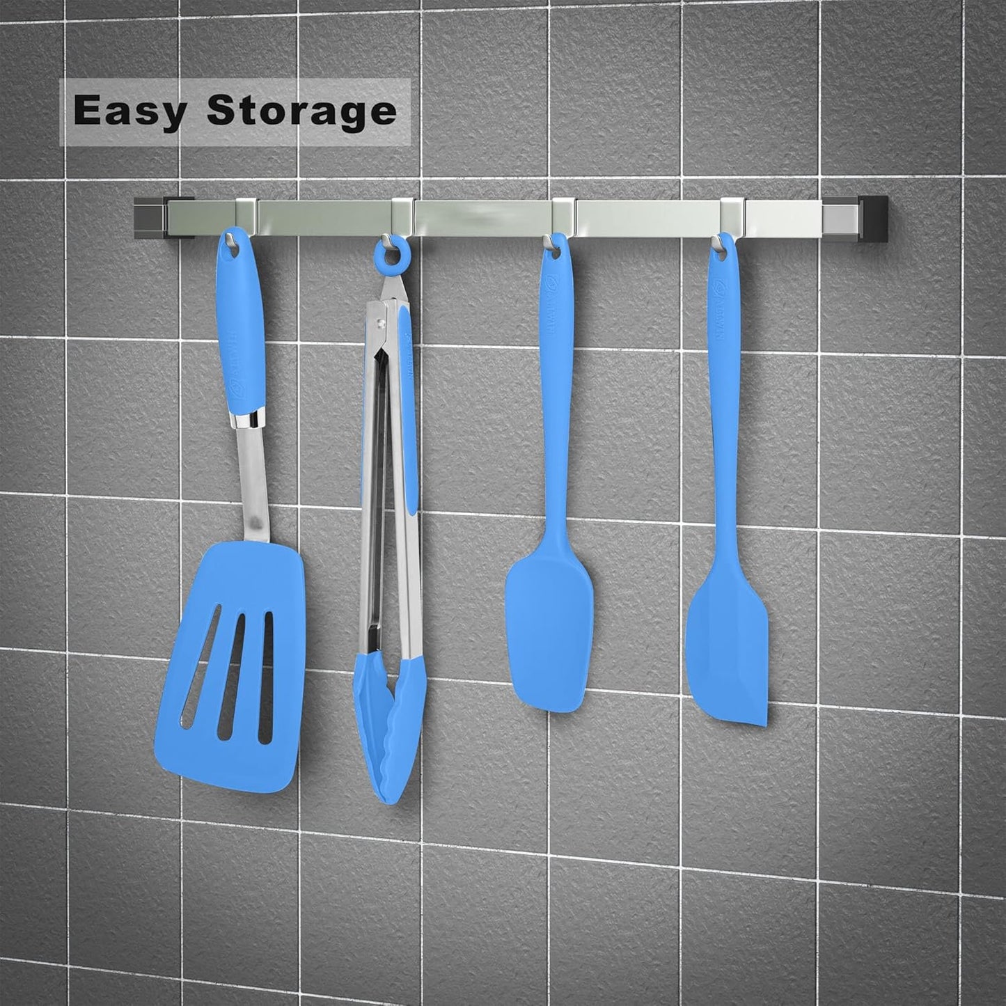 Silicone Spatulas Set Turners Tongs Cooking Utensils Set High Heat Resistant Kitchen Scraper Spatulas for Cooking Mixing Baking BPA Free Dishwasher Safe, Blue