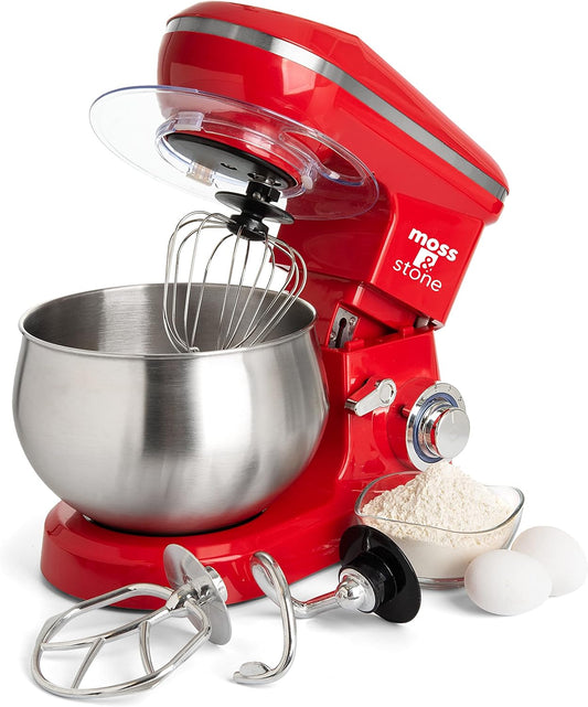 Moss & Stone Stand Mixer, 6 Speed Electric Mixer With 5.5 Quart Stainless Steel Mixing Bowl, Red Body Kitchen Mixer With Dough Hook, Whisk, Beater & Baking Spatula, Classic Food Mixer