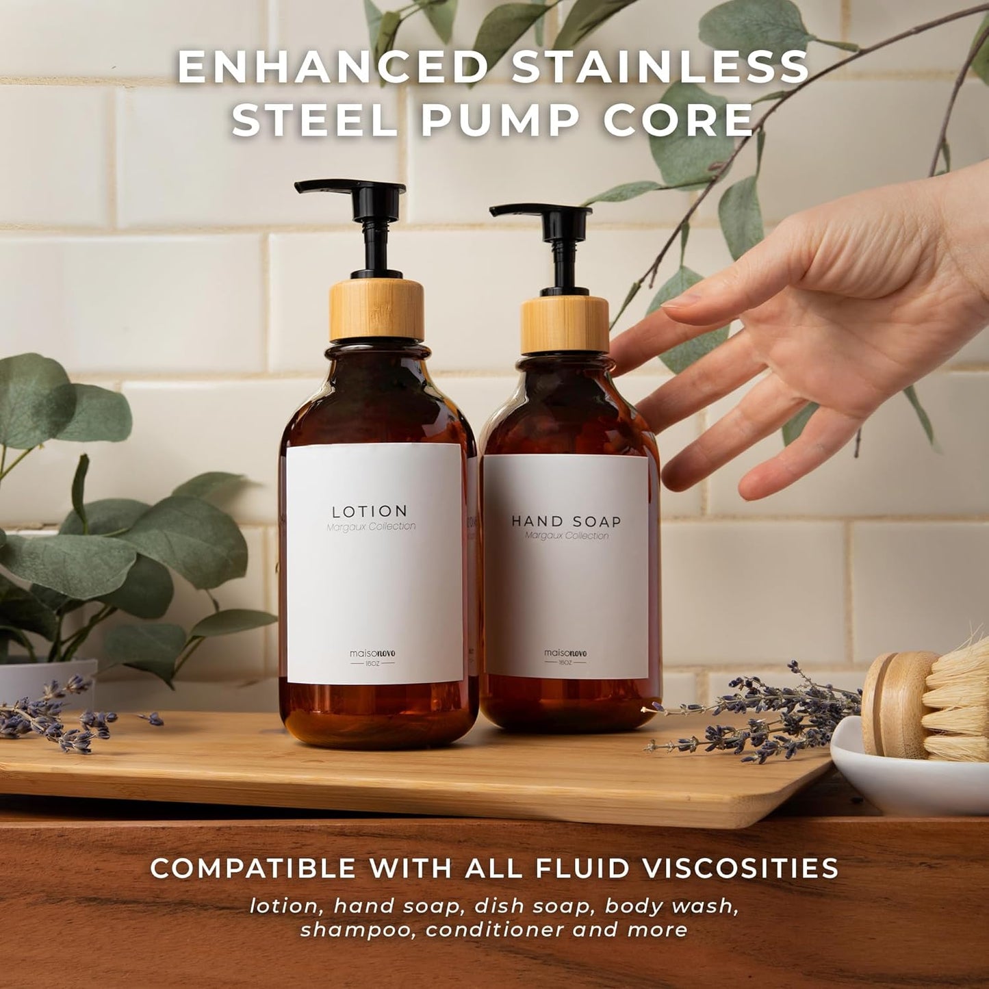 Maisonovo Plastic Soap Dispenser Set | Hand Soap and Dish Soap Dispenser Set | 16.9oz Amber Bottles with Black Bamboo Pump | Bathroom Lotion Dispenser with Pump Set of 2