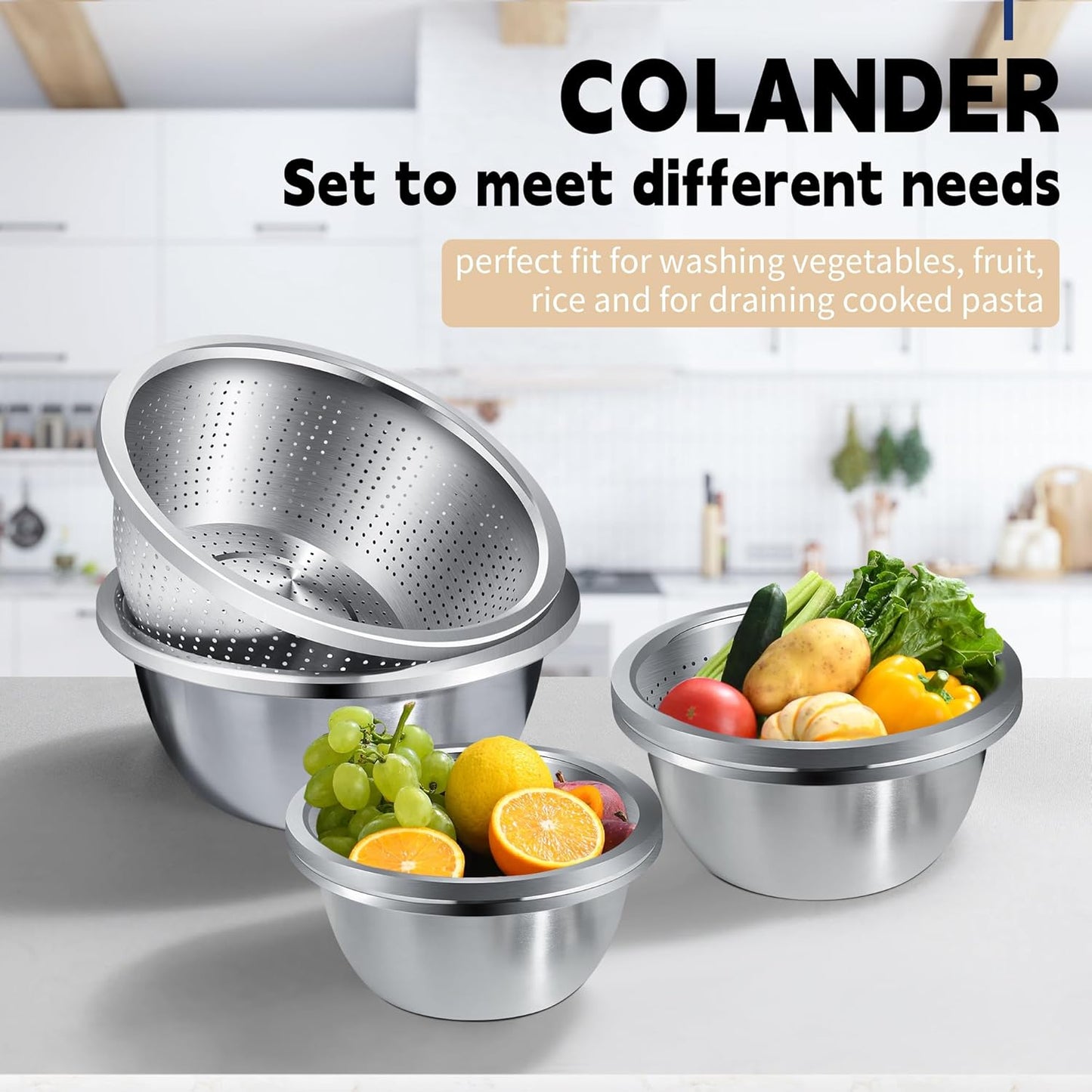 Colander 304 Stainless Steel 4-quart with Mixing Bowls, Strainer for Kitchen Food For washing vegetables, fruit, rice, Dishwasher Safe. (2PC)