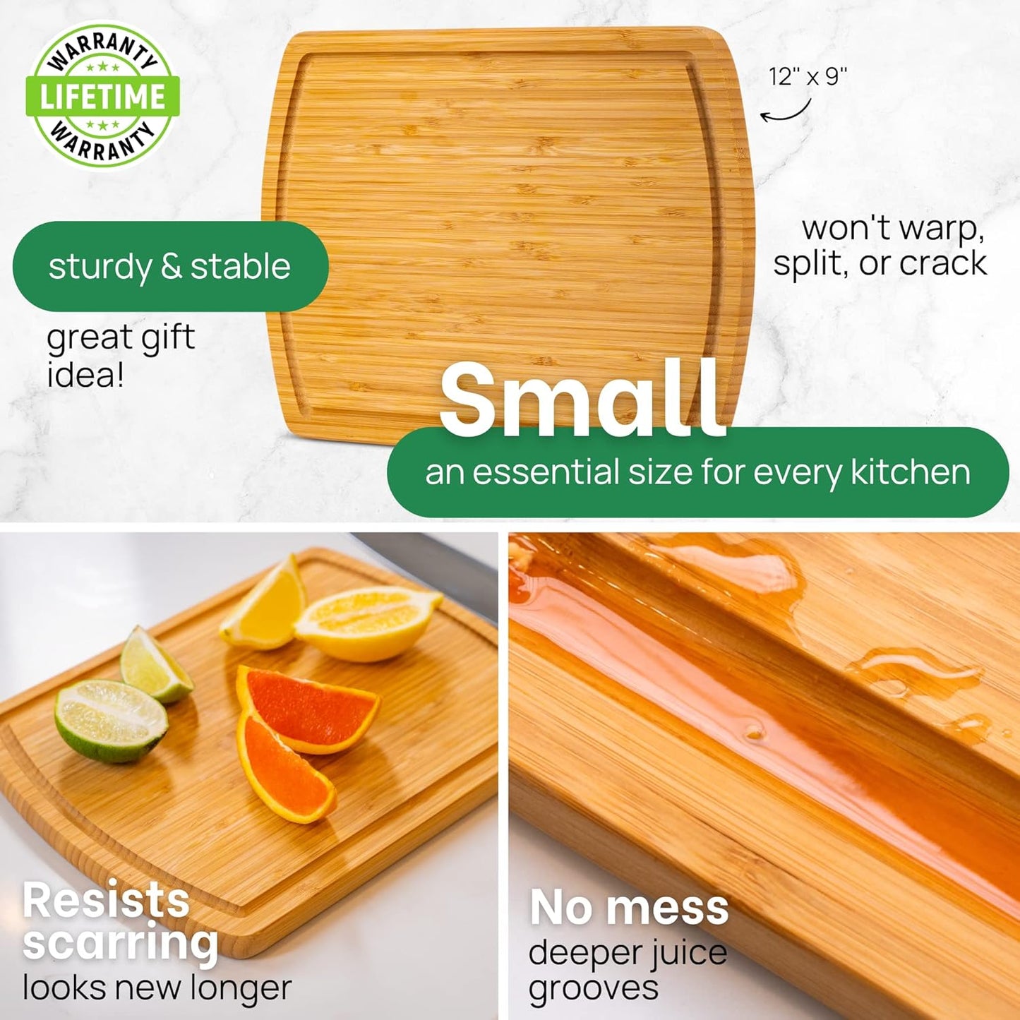 GREENER CHEF 12 Inch Bamboo Cutting Board with Lifetime Replacements - Small Wooden Chopping Board for Kitchen, Butcher Block, Meat, Veggies, and Charcuterie