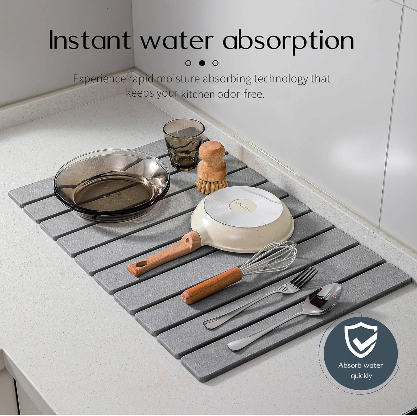 Stone Drying Mat for Kitchen Counter, Stone Dish Drying Mat Foldable, Super Absorbent Diatomaceous Earth Quick-drying Draining Mat for any Kitchen Countertop (Medium Gray B, 23.6”x15.4”)