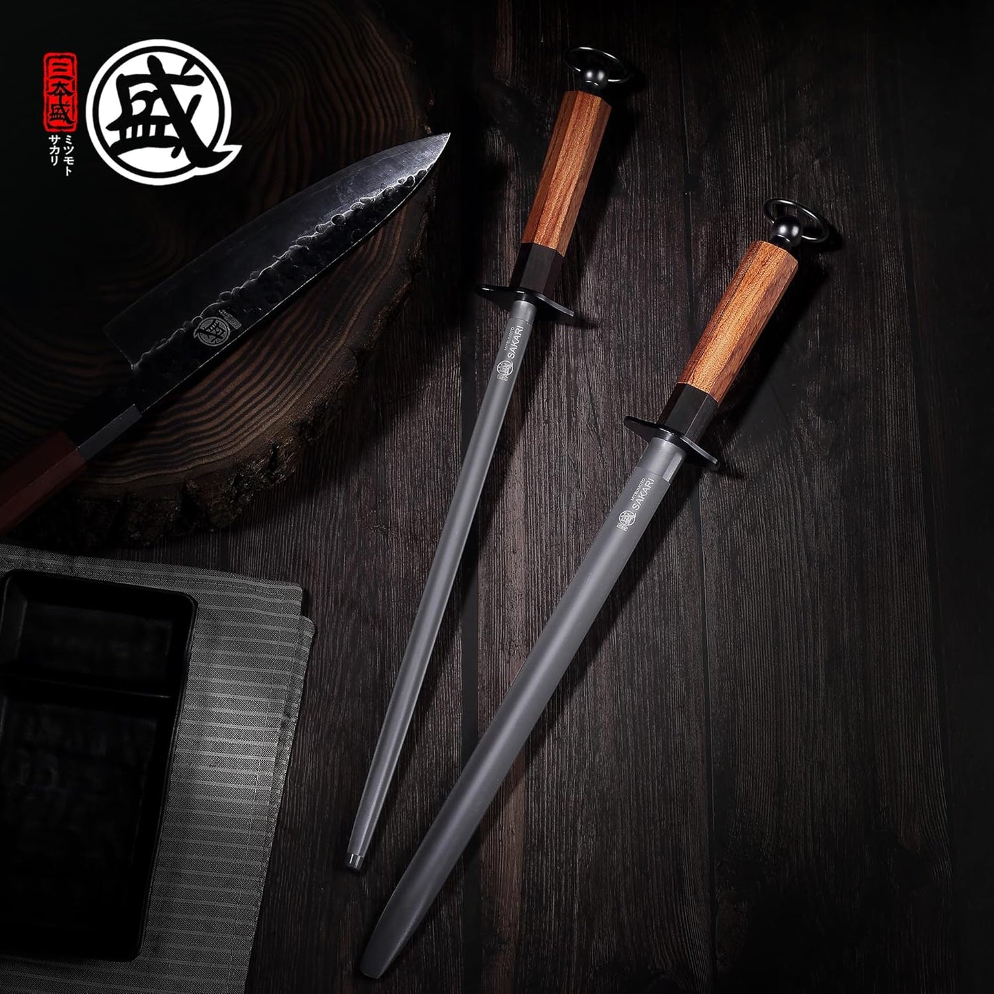 MITSUMOTO SAKARI 10 Inch Round Honing Rod, Japanese High Carbon Honing Steel (Sourwood Handle)