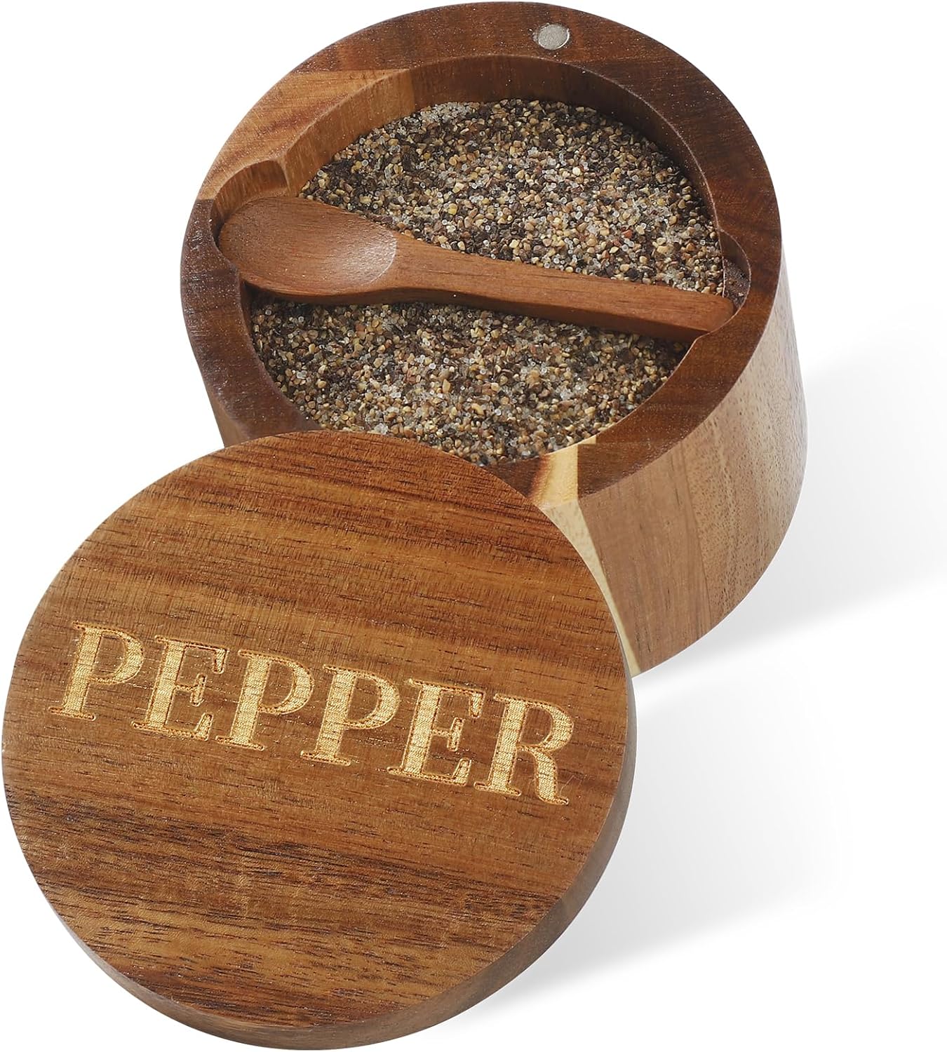 PEPPER Cellar, Acacia Wood Salt Container with Built-in Spoon & Swivel Lid, Engraved PEPPER Box, Salt Holder Bowl for Countertop Seasoning Storage