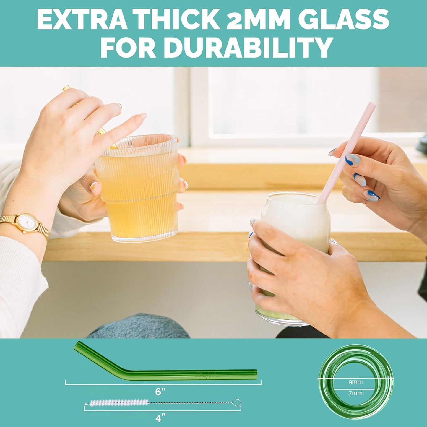 Simply Straws 6 Inch Glass Straws Bent (6-Pack) – Reusable Glass Straws for Low Balls & Stemless Glasses, with Cleaning Brush – Dishwasher Safe, Hot & Cold Use, BPA-Free (Iridium)