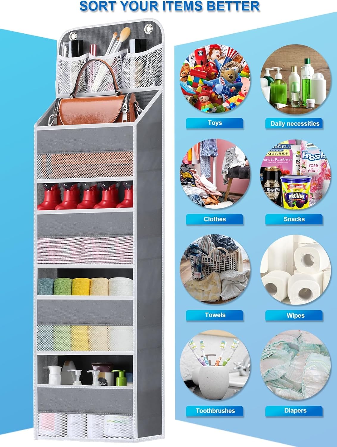 2 Pack Over The Door Organizer, Hanging Storage Organization with Large Capacity Pockets, Swing-Proof Behind Door Storage Shelf for Kicthen Bedroom Nursery Kids Toys Shoes, Grey