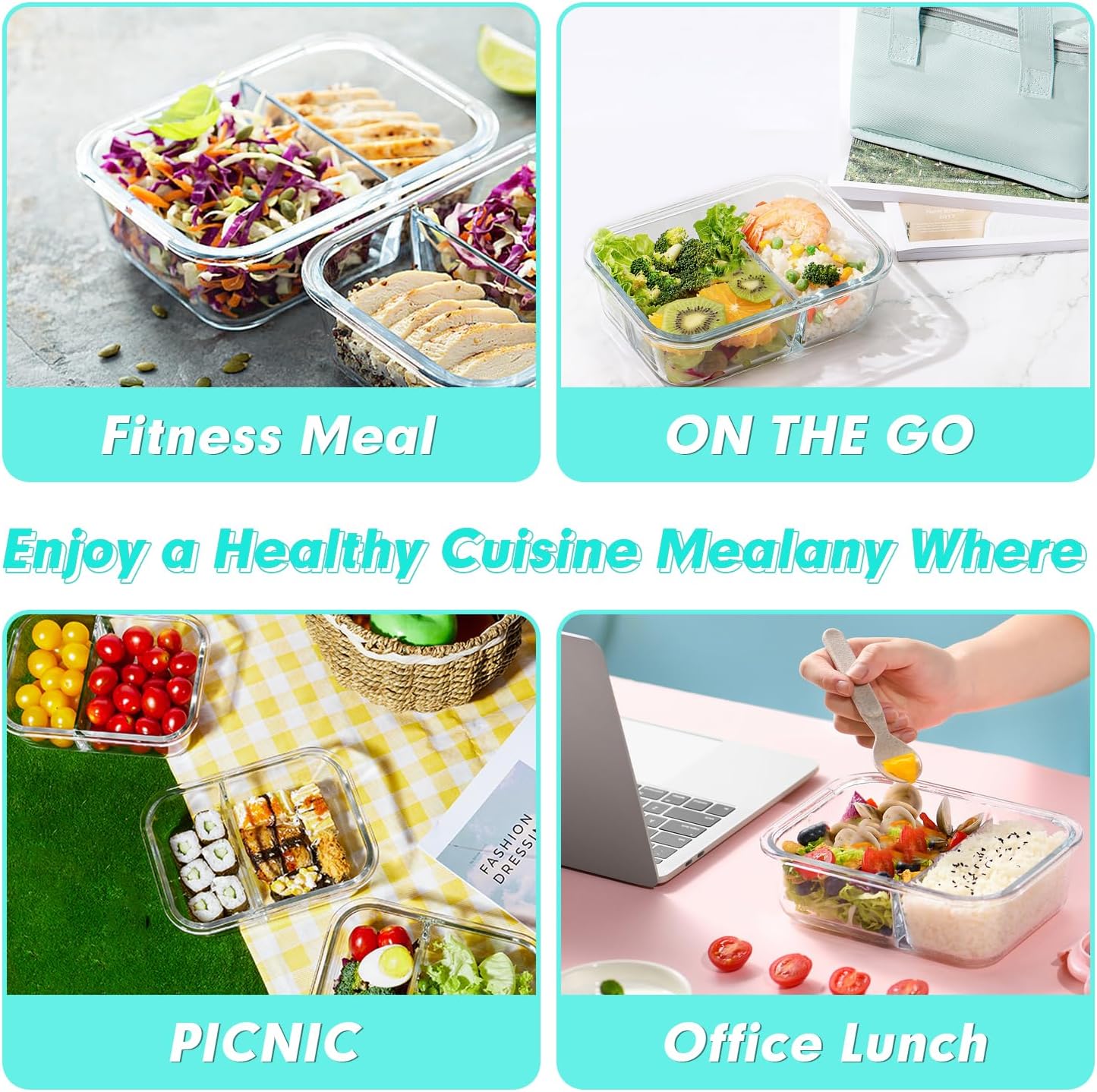 VERONES 10 Pack Glass Meal Prep Containers - 2 Compartment Set, 30 OZ Airtight Glass Lunch Containers with Lids, for Microwave, Oven, Freezer & Dishwasher Friendly, Green