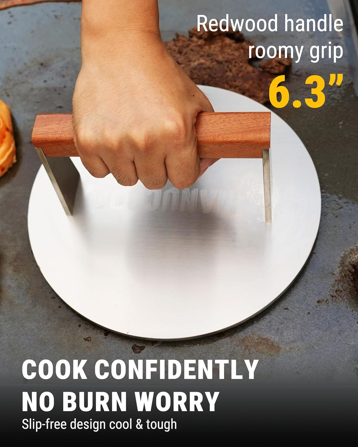 Smash Burger Press, 3.8-Lb Burger Smasher, 9-Inch Bacon Press for Batch Cooking, Stainless Steel, Easy to Clean and Seasoning Free, Heatable for Searing Panini, Steak, Chicken, Fish, Round