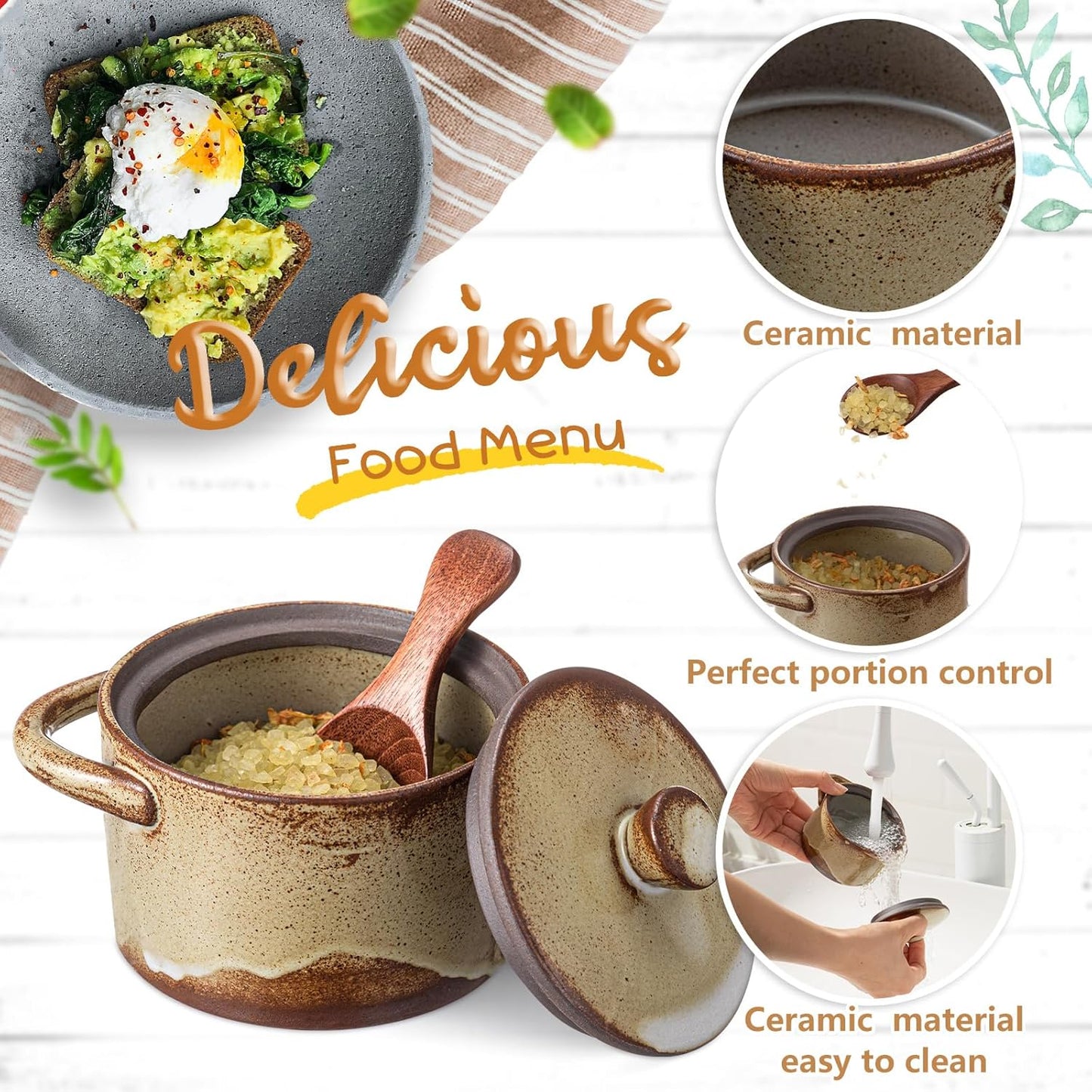 Honeydak Speckled Ceramic Salt Cellar with Lid and Wooden Spoon, Rustic Farmhouse Salt Pepper Cellar Holder for Housewarming Gift, Heavyweight Spices Jar for Kosher, Sea, Sugar(Retro Color)