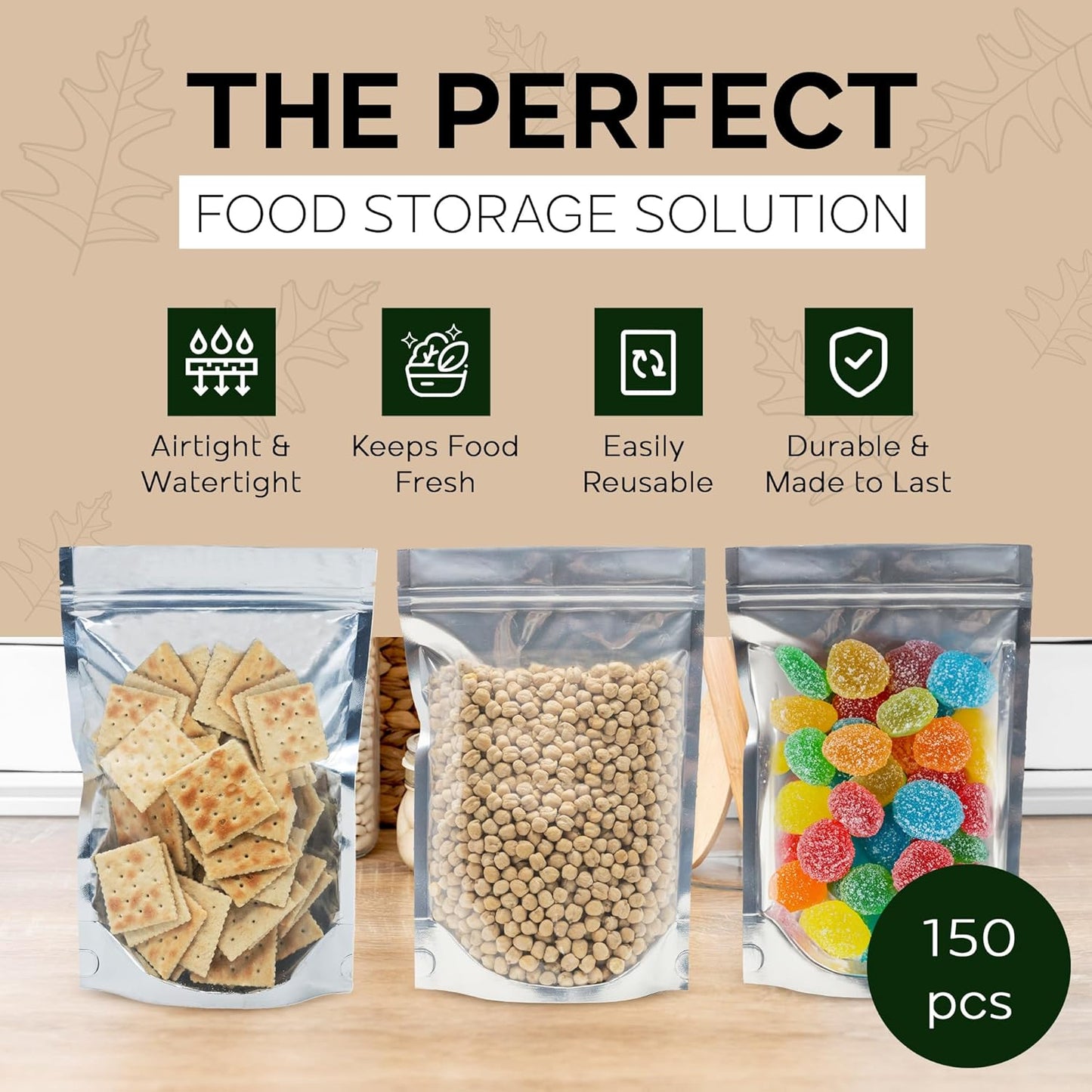 150 Resealable Food Storage Bags, 6x9-inch Heat Sealable Air Tight Bags, Stand Up Zip Bags, Waterproof Packaging Barrier