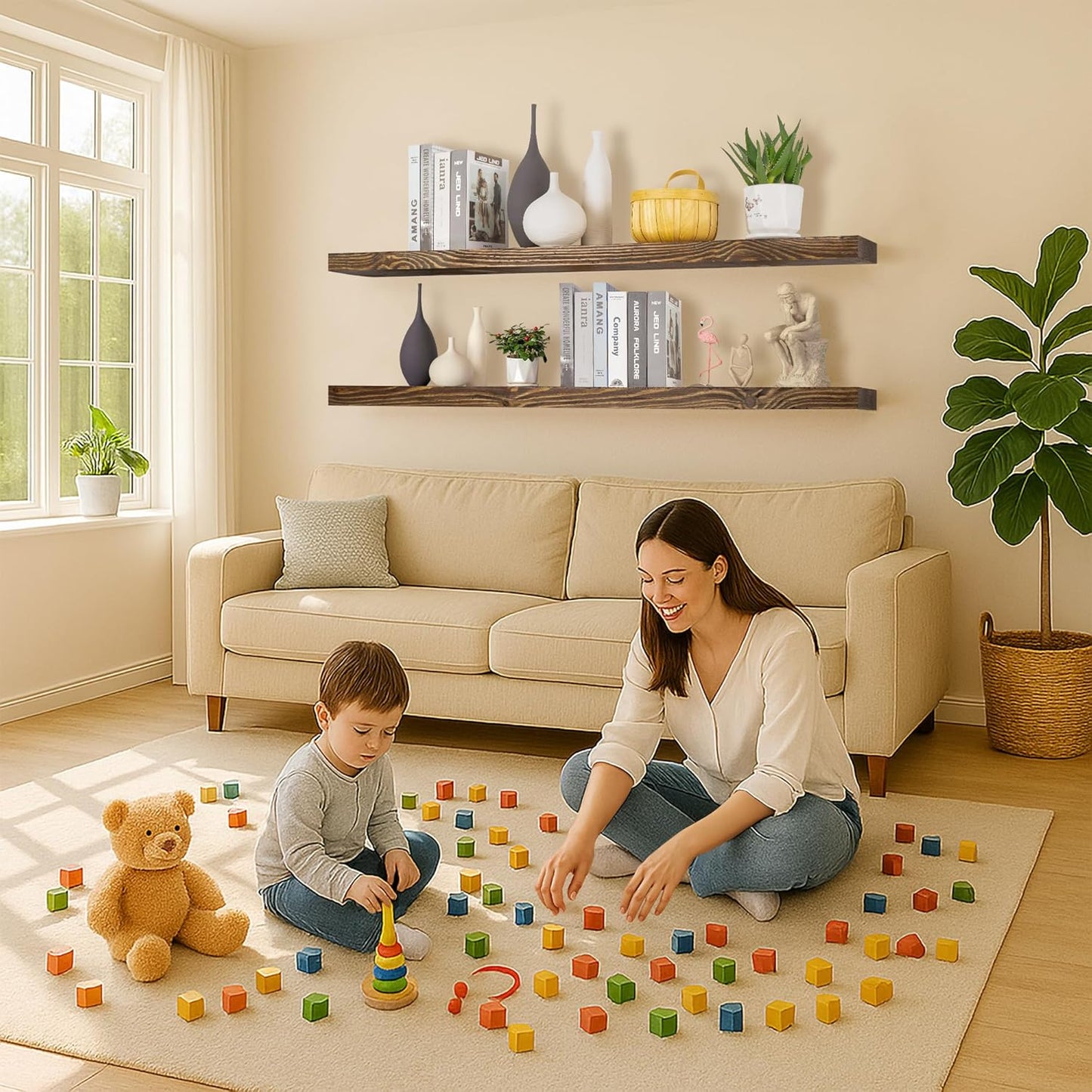 Floating Shelves 72 inch Long 8 "deep Set of 2, Heavy Duty Wood Wall Mounted Shelves for Bathroom Living Room Kitchen,Book Shelves with Thickened Hidden Bracket-Distressed Walnut