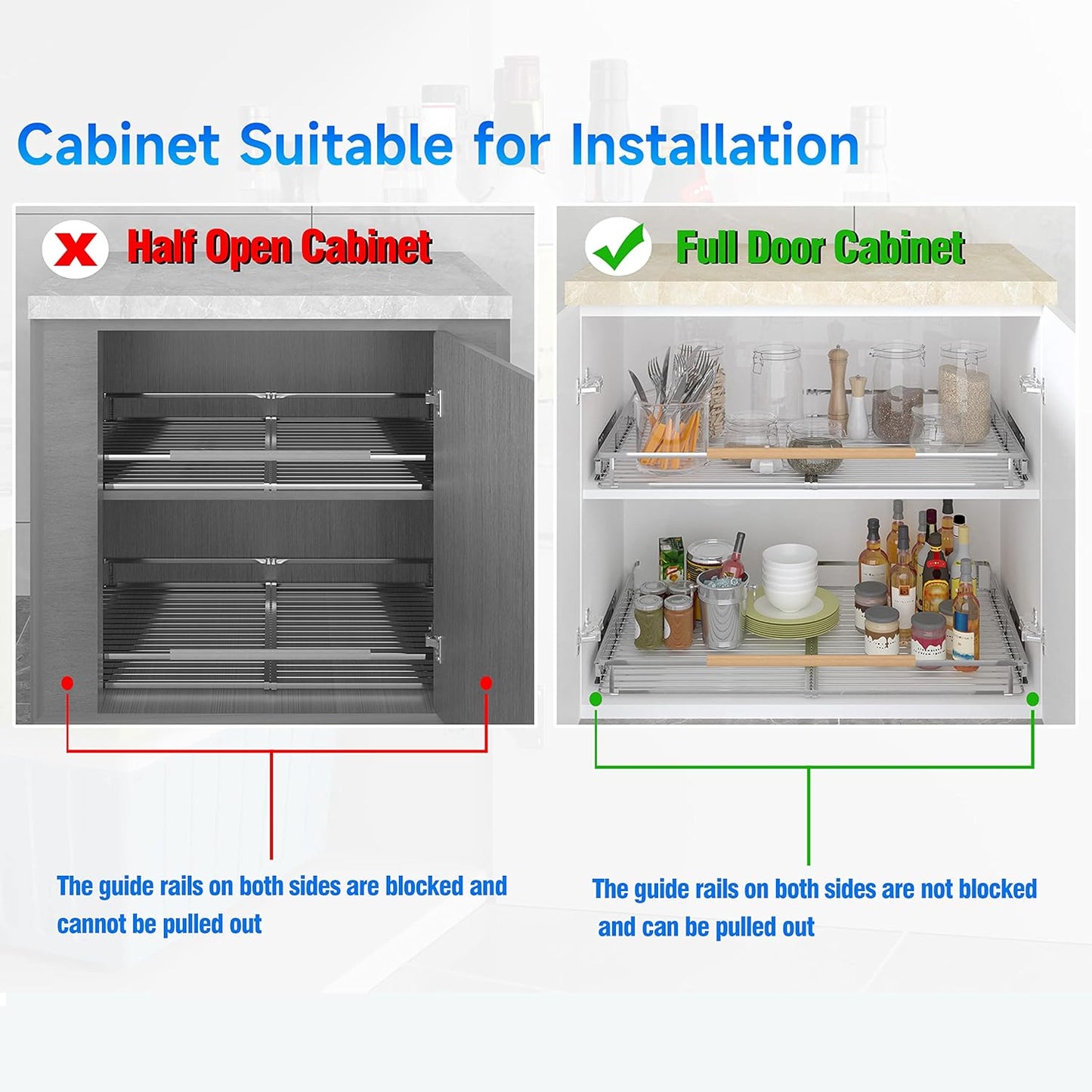 2Pack Expandable Pull Out Cabinet Organizer, 17.1~28"W x 22.5"D Heavy Duty Slide Out Shelves Adjustable Height Cabinet Pull Out Shelves,Expandable Width Spice Rack Organizer for Kitchen