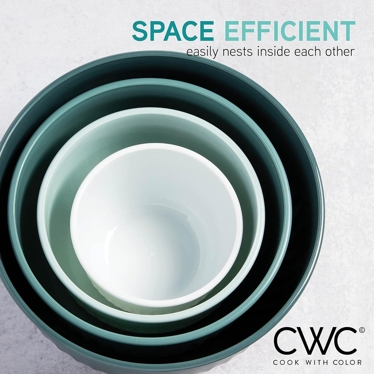 COOK WITH COLOR 4pc Plastic Mixing Bowl Set with Lids (Teal Ombre, 210 ml, 550 ml, 1150 ml, 3500 ml) - Sturdy, Nesting, BPA Free, Dishwasher Safe, Food Safe, Bowls for Cooking and Baking