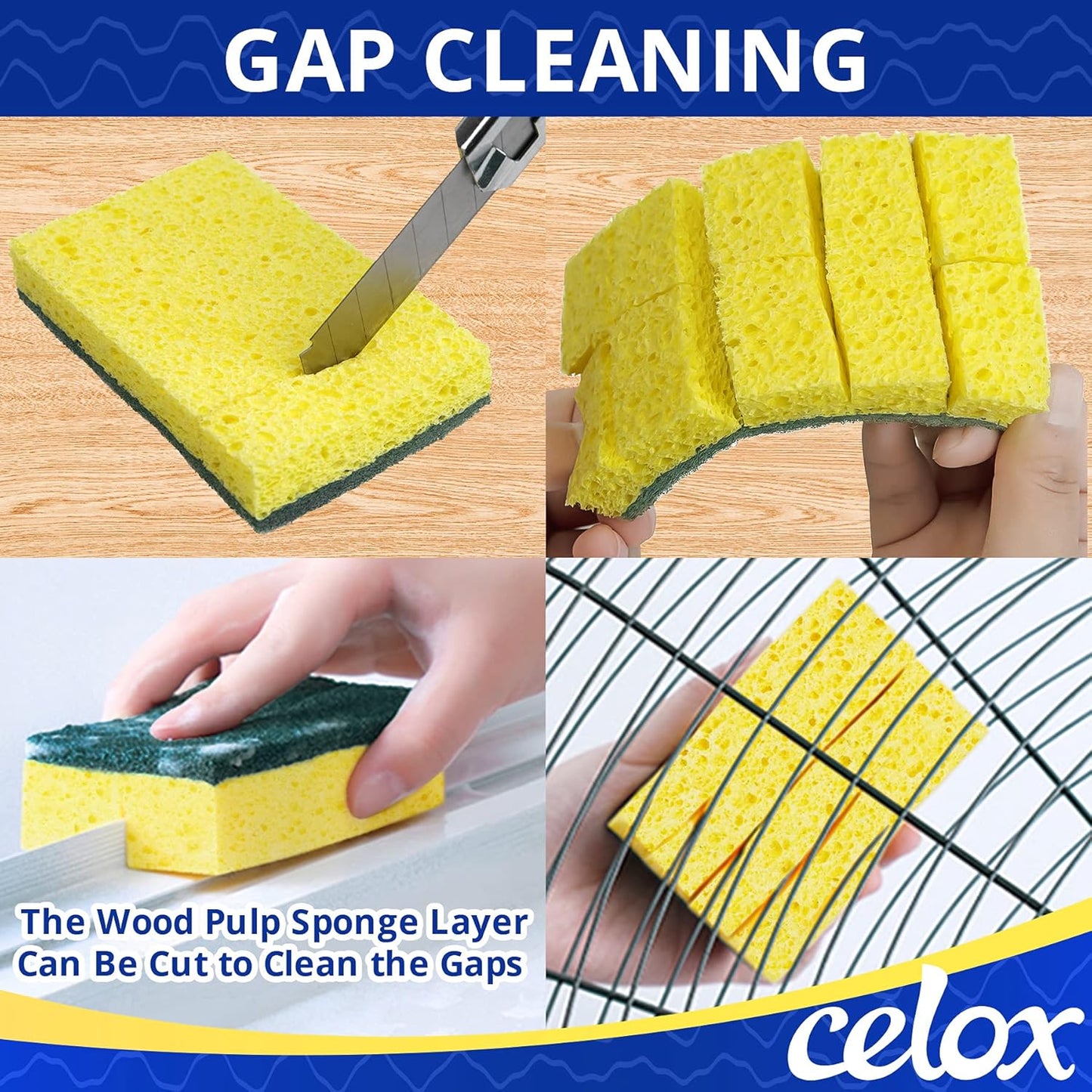 CELOX 24 Pack Dish Sponge for Kitchen, Dual Sided Scrub Sponge Heavy Duty, Non-Scratch Sponges Perfect for Kitchen Dishwashing and Household Cleaning, Highly Absorbent and Easy to Dry for Reuse