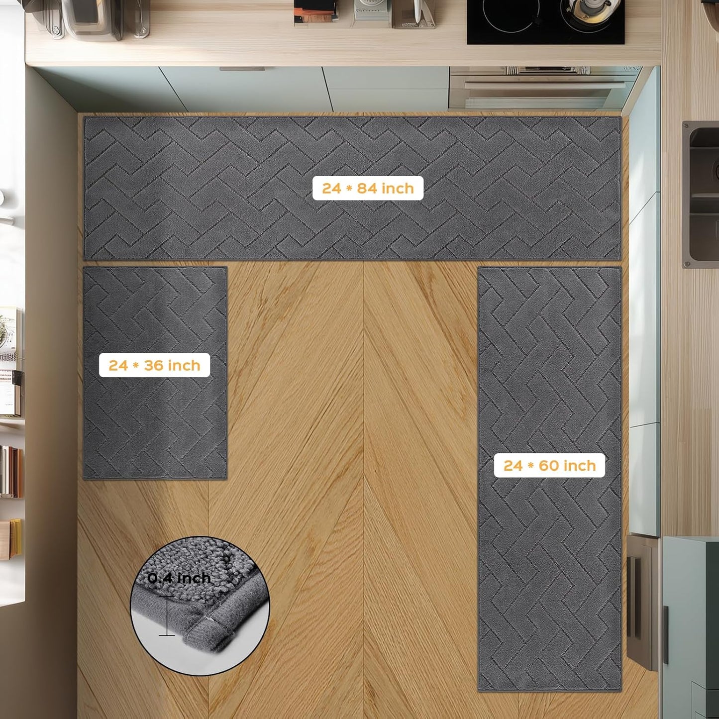 Machine Washable Kitchen Rugs 24" x 70", Non-Slip Kitchen Runner Rugs Mats for Floor, Absorbent Comfort Standing Mats for Kitchen, Sink, Laundry and Hallway, Rolled Packaging, Grey