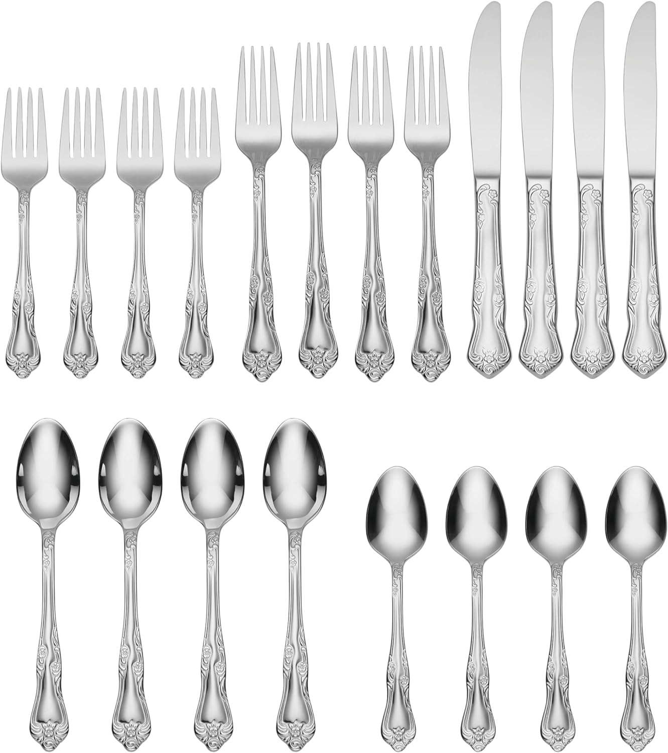 Oneida Azalea 20 Piece Everyday Flatware, Service for 4, 18/0 Stainless Steel, Silverware Set, Dishwasher Safe, Silver