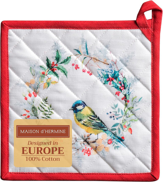 Maison d' Hermine Pot Holders 100% Cotton Heat Resistant Potholders 8" x 8" Hot Pads with Loop BBQ, Cooking, Baking, Grilling, Kitchen, Handling Hot Pans (Pack of 1, Morzine)