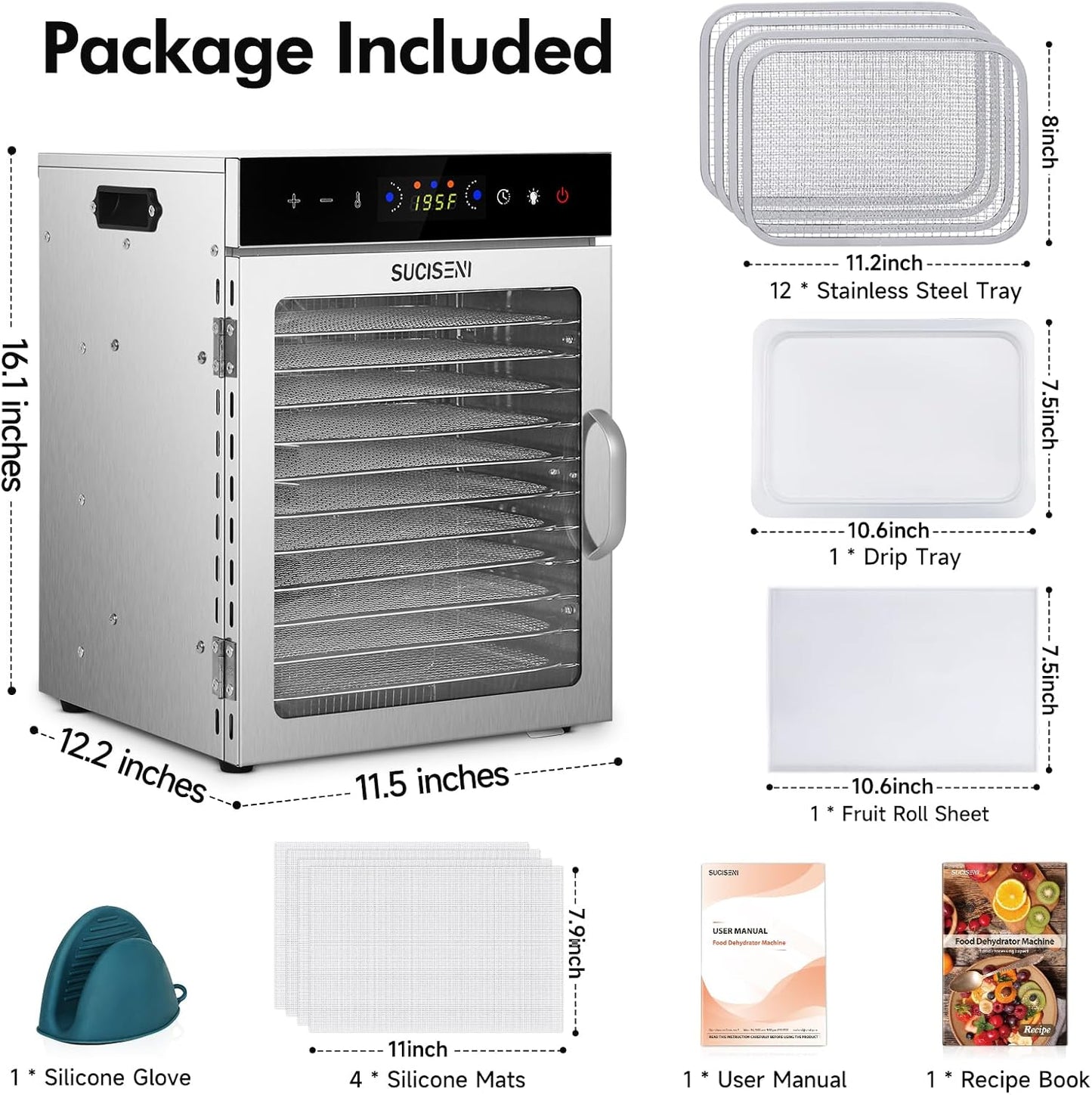 SUCICENI Food Dehydrator Machine 12 Stainless Steel Trays 1000W Meat Dehydrator for Home Use, 24H Timer & 195℉ Temperature Control Food Dryer for Jerky Fruit Herbs Mushroom Dog Treats