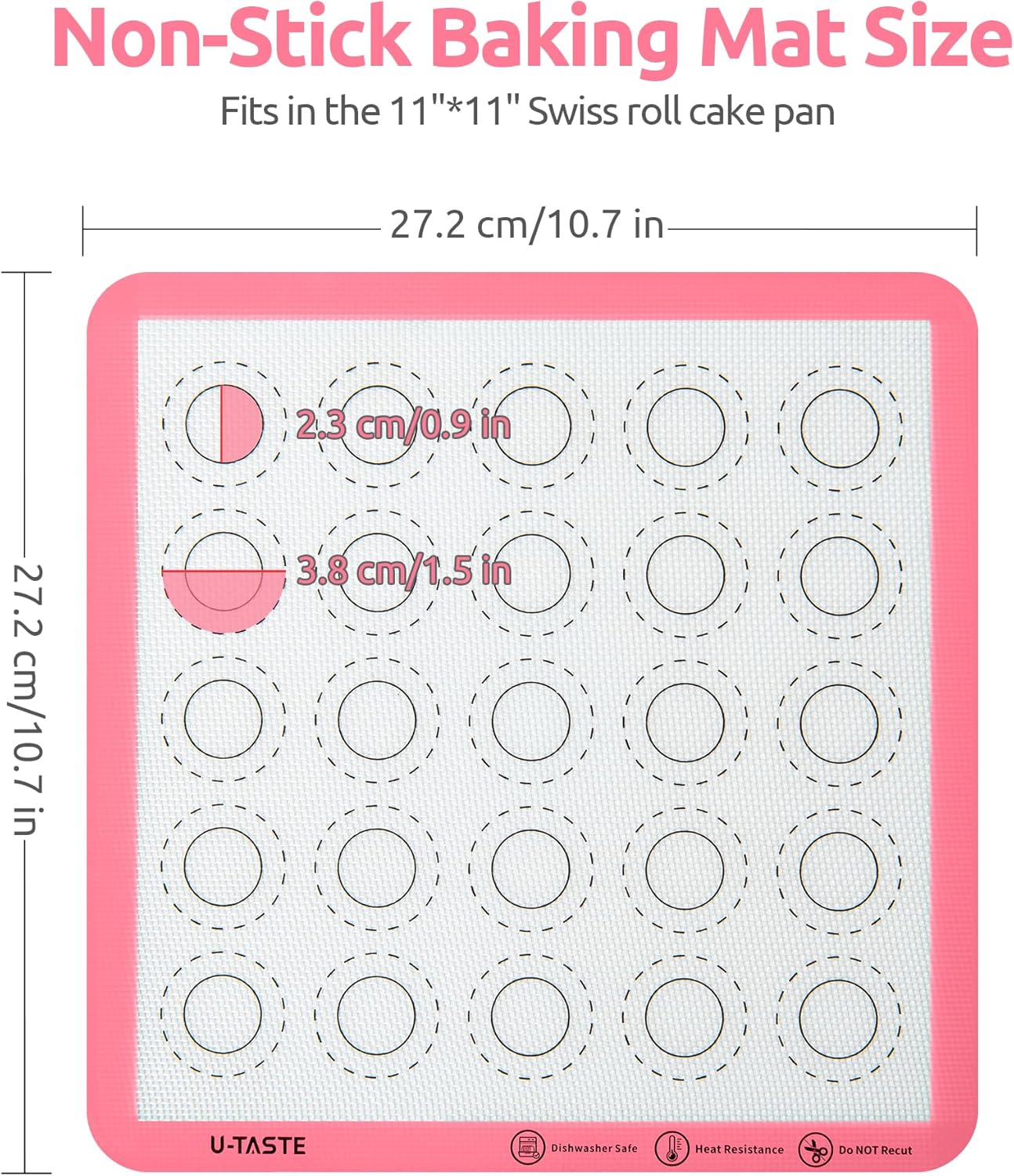 446ºF Heat Resistant Macaron Mat: U-Taste 11x11in Non Stick Silicone Baking Mat, Reusable Cookies Pastry Sheet Liner with Edge Enhancement & Circle Measurement for Square Cake Pan (2 PCS, Pink)