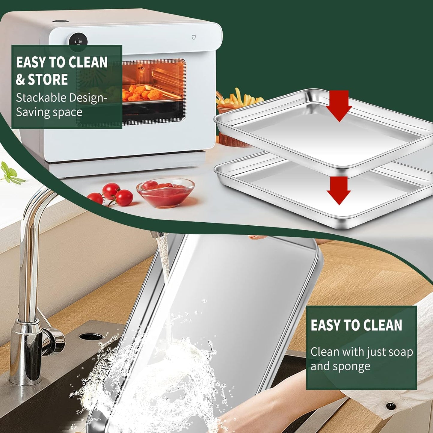 CEKEE 4 PCs Small Baking Sheet With Wire Rack Set [2 Pans + 2 Cooling Racks], 10 Inch Stainless Steel Tray - Rust & Warp Resistant, Easy Clean