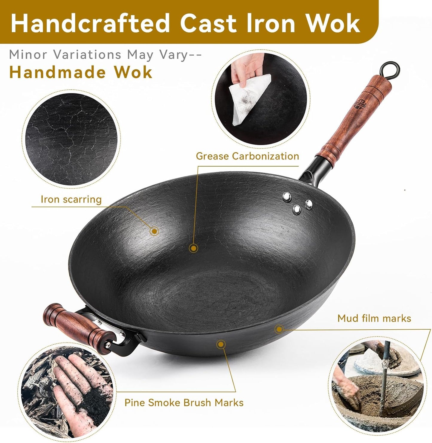 WANGYUANJI 13.4 Inch Cast Iron Wok with Lid – Flat Bottom Chinese Stir Fry Pan, Handcrafted Non-Coated Iron Cookware for Induction, Gas & Electric Stoves, Black