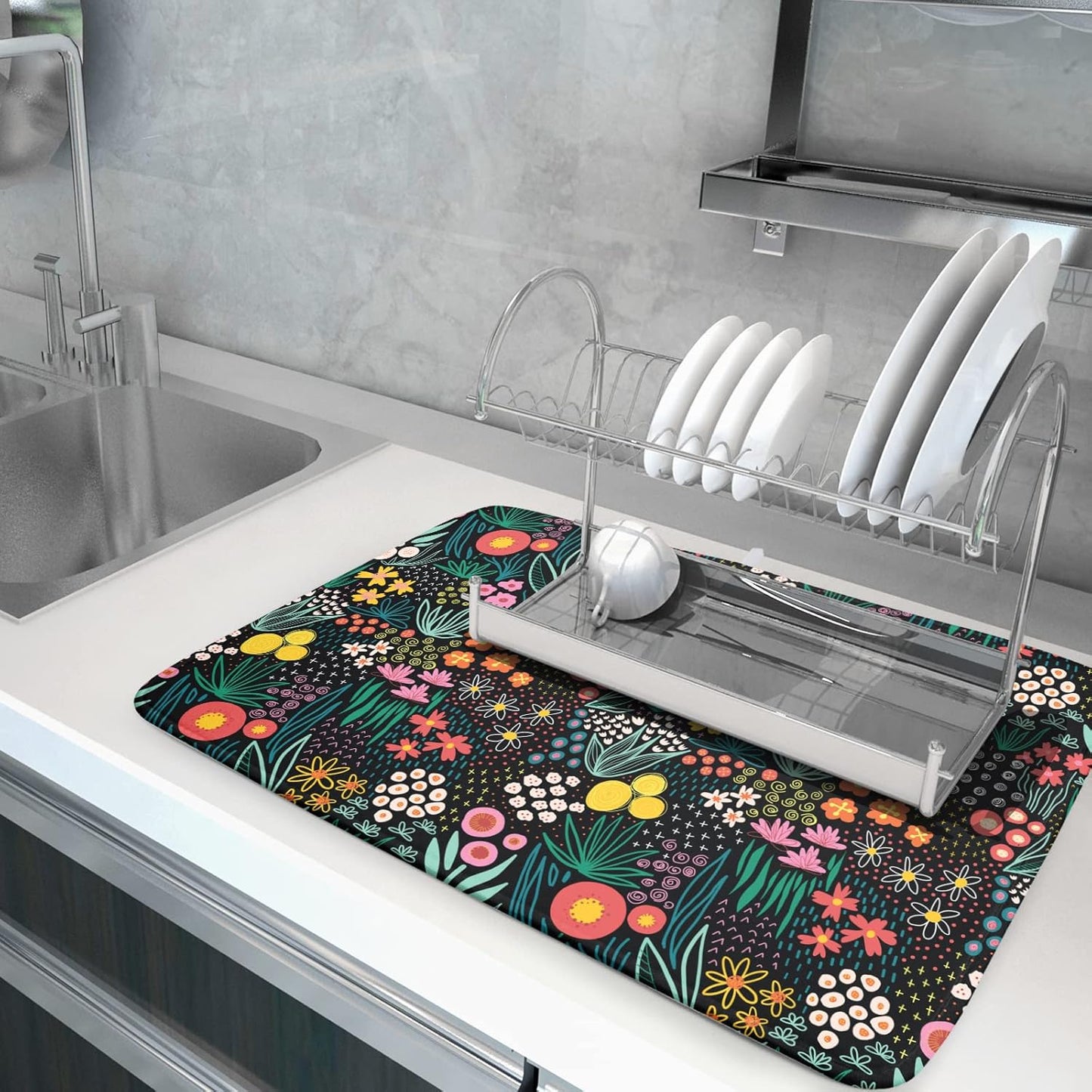 Giwawa Colorful Flowers Dish Drying Mats for Kitchen Counter 18 X 24 Inch Spring Floral Microfiber Dish Mat, Reversible Dish Drainer Mats Countertops Protector Pad