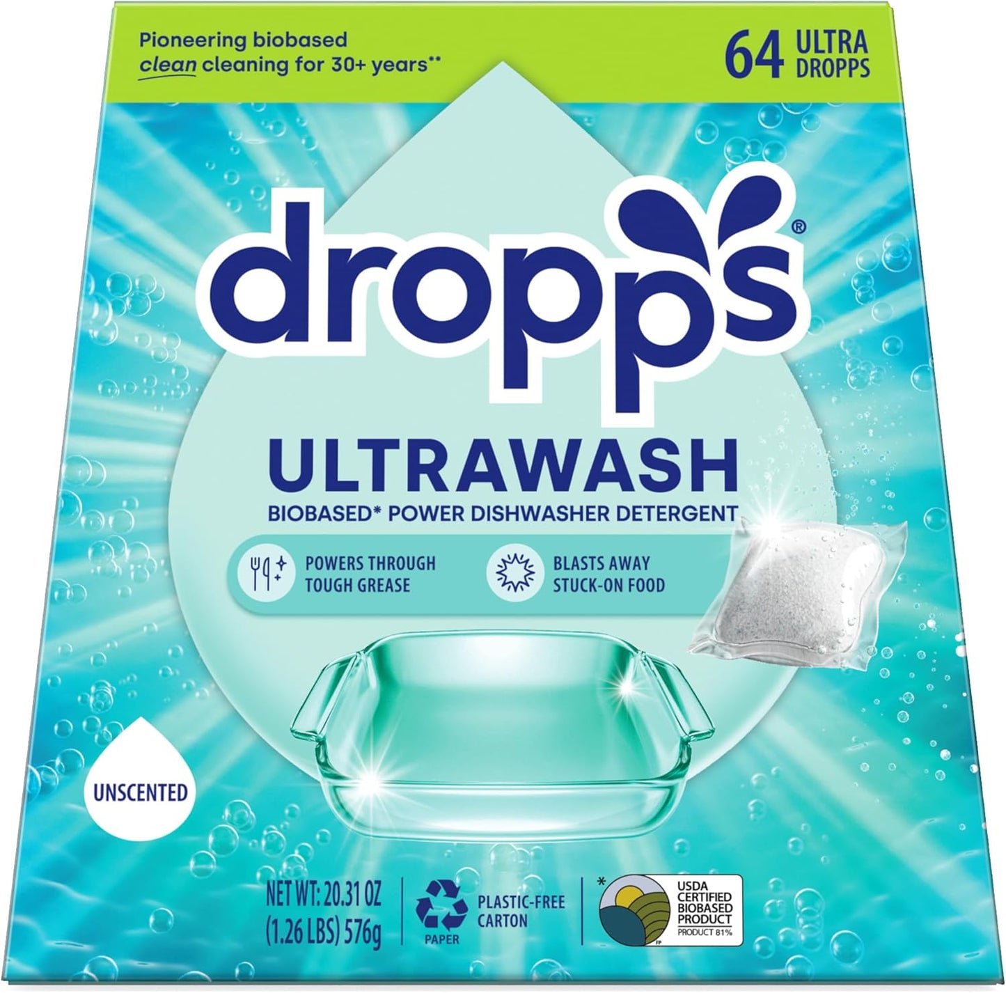 Dropps UltraWash Dishwasher Pods, Unscented (64 Count) - Biobased Power Deep Clean Dishwasher Detergent Tablets for Sparkling Shiny Dishes - No Rinse Aid or Pre-Wash Needed - Dishwashing Pods