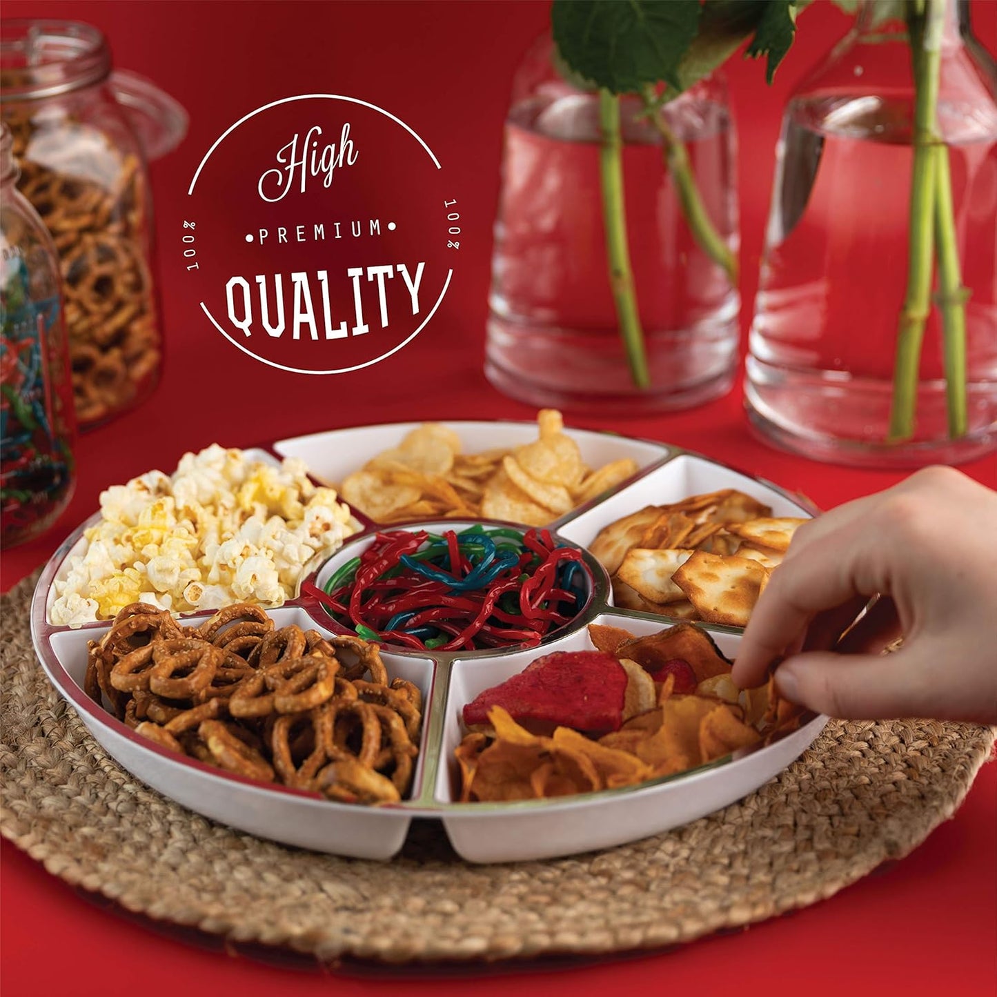 Plasticpro 6 Sectional Round Plastic Serving Tray/Platters White & Silver Pack of 4