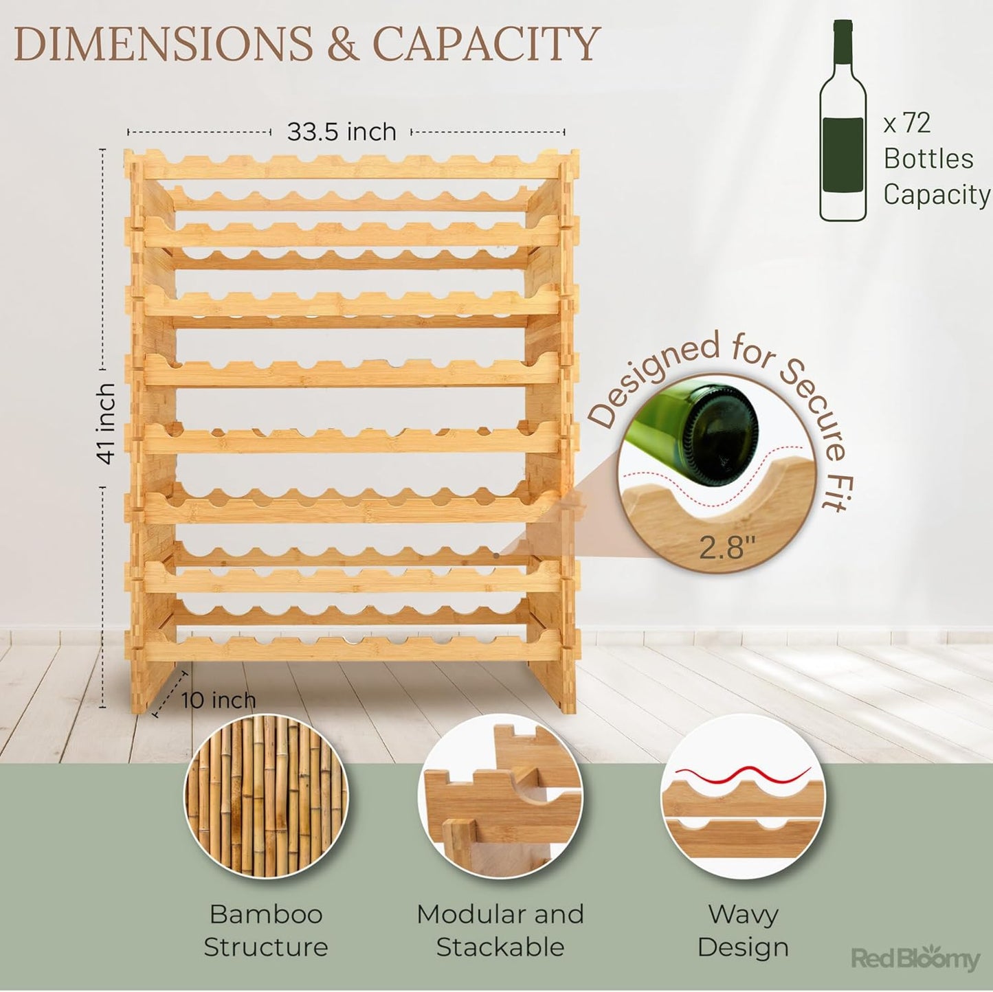Stackable Bamboo Wine Rack for 72 Bottle, 8-Tier and Sturdy, Free Standing, Modular Wine Storage, Wine Bottle Storage for Cellar, Kitchen and Dining Room (72 Bottle)