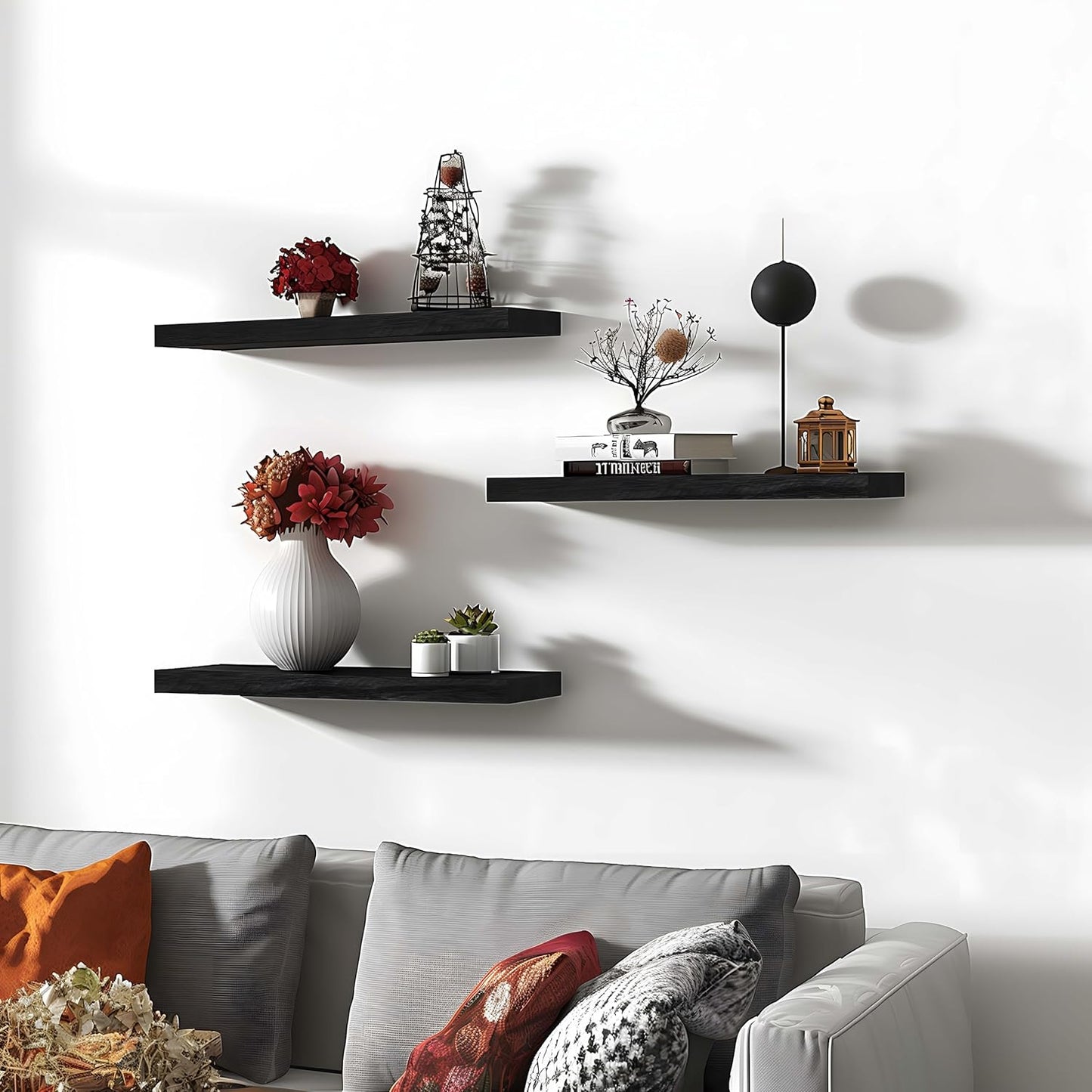Wood Floating Shelves for Wall, Wooden Wall Shelves for Bedroom, Wall Mounted Shelves for Living Room, Set of 6 Black