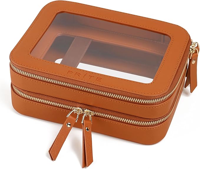 Prite Large Clear Makeup Bag Double Layer Makeup Bag for Women Travel Toiletry Bag Cosmetic Train Case with a Separate Brush Compartment for Car Essentials(Brown)