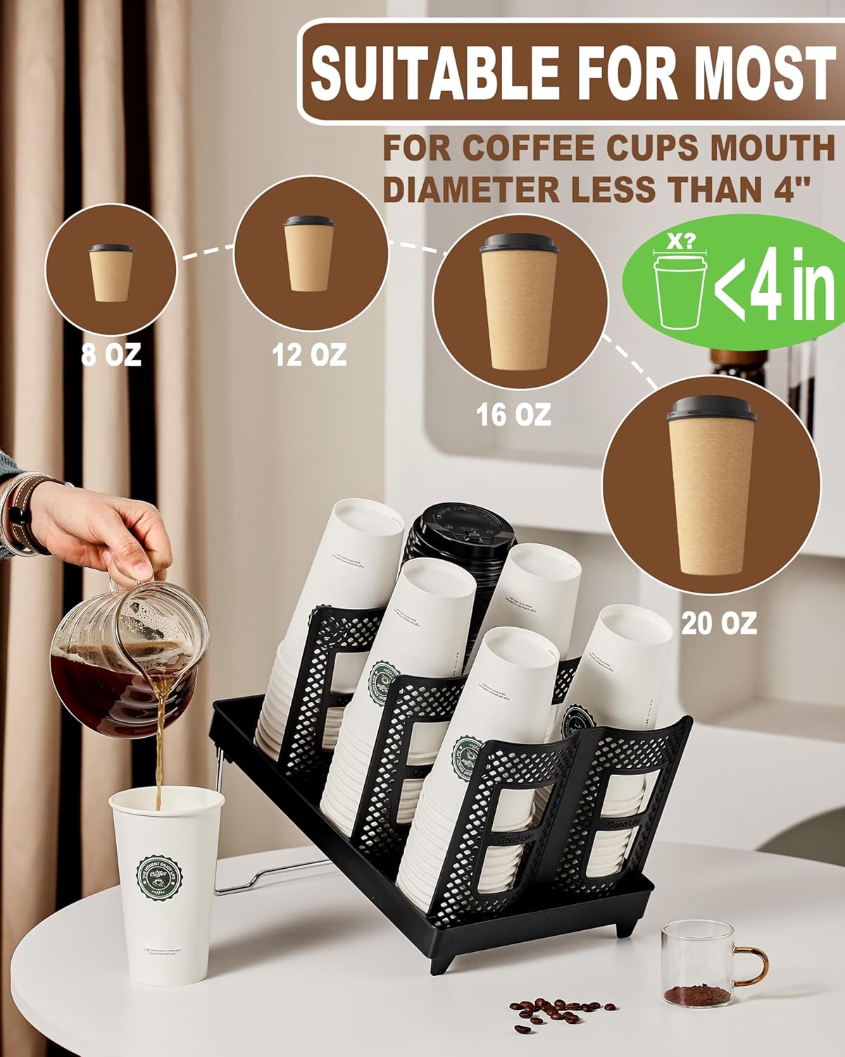 Coffee Cup Holder,Cup and Lid Dispenser with Stand,Disposable Cups Organizer,6 Slots,for Coffee Station,Bar,Office,Home,Restaurant,Breakroom,Countertop