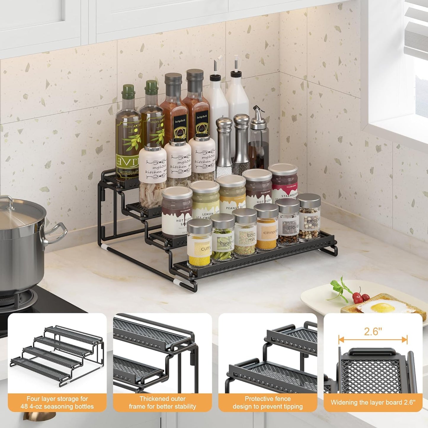 4 Tier Spice Rack Organizer for Cabinet - Black (2 Pack) | Spice Holder Shelf with Protection Railing for Inside Cabinets, Countertop, Pantry Storage & Seasoning Organization