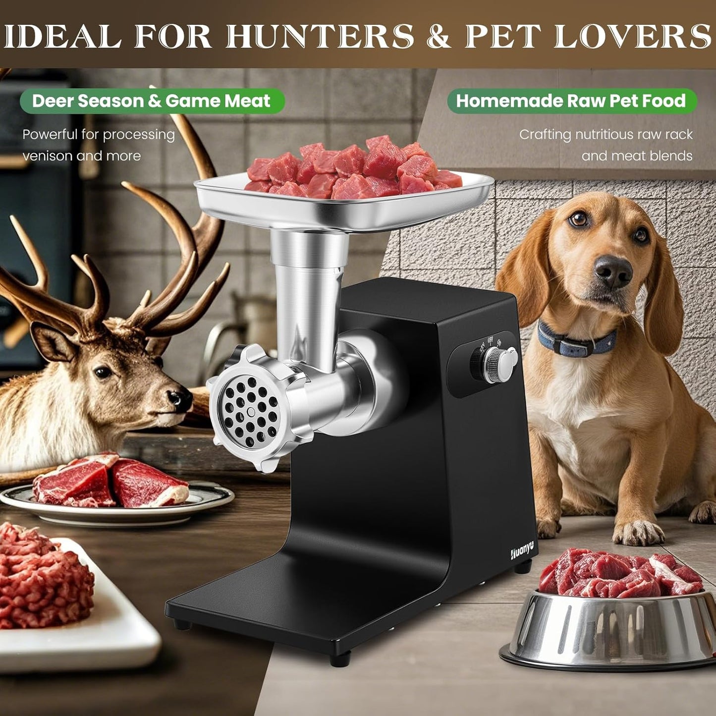 Huanyu Meat Grinder Electric Pro-Grade - 1HP Bone-Crushing Power, 3 Plates & Sausage Kit | Rustproof Stainless Steel for Hunters, Pet Owners & Home Chefs #8