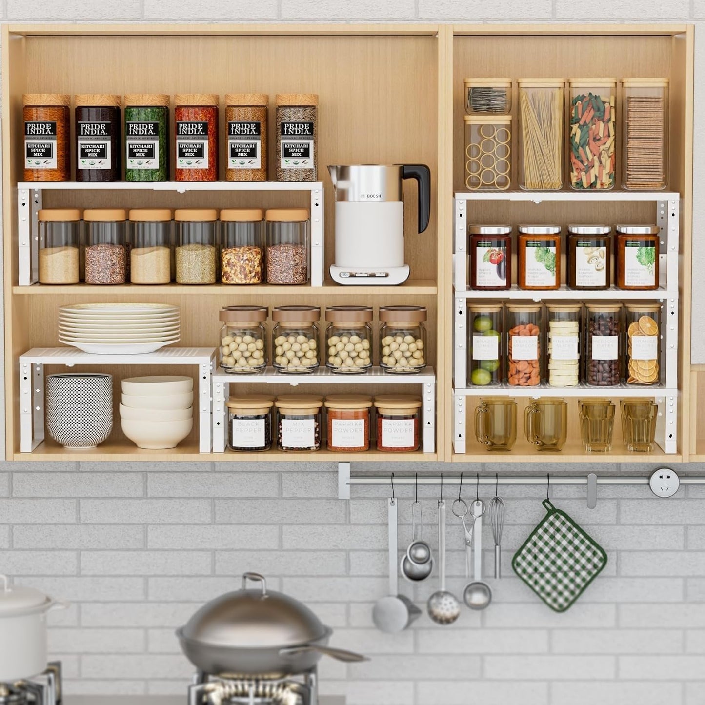 Expandable Spice Rack Kitchen Cabinet Shelf Organizer, Stackable Storage Shelves Racks, Adjustable Counter Shelving for Cabinets, Countertop, Cupboard,Pantry and More(3Packs/White/Medium)