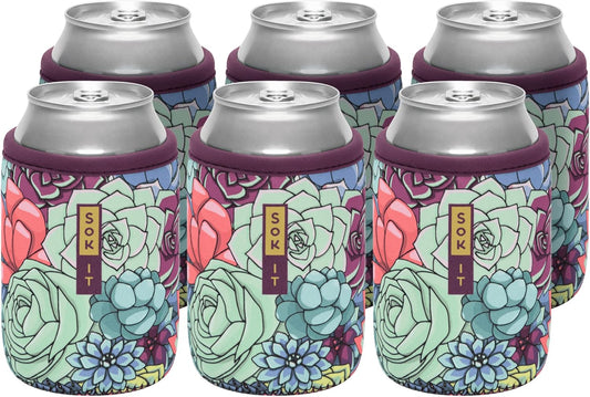 Sok It CanSok 6 Pack Sleeve for Beer & Soda Insulated Neoprene Cover (Succulents, 12oz Can Sleeve - 6 Pack)
