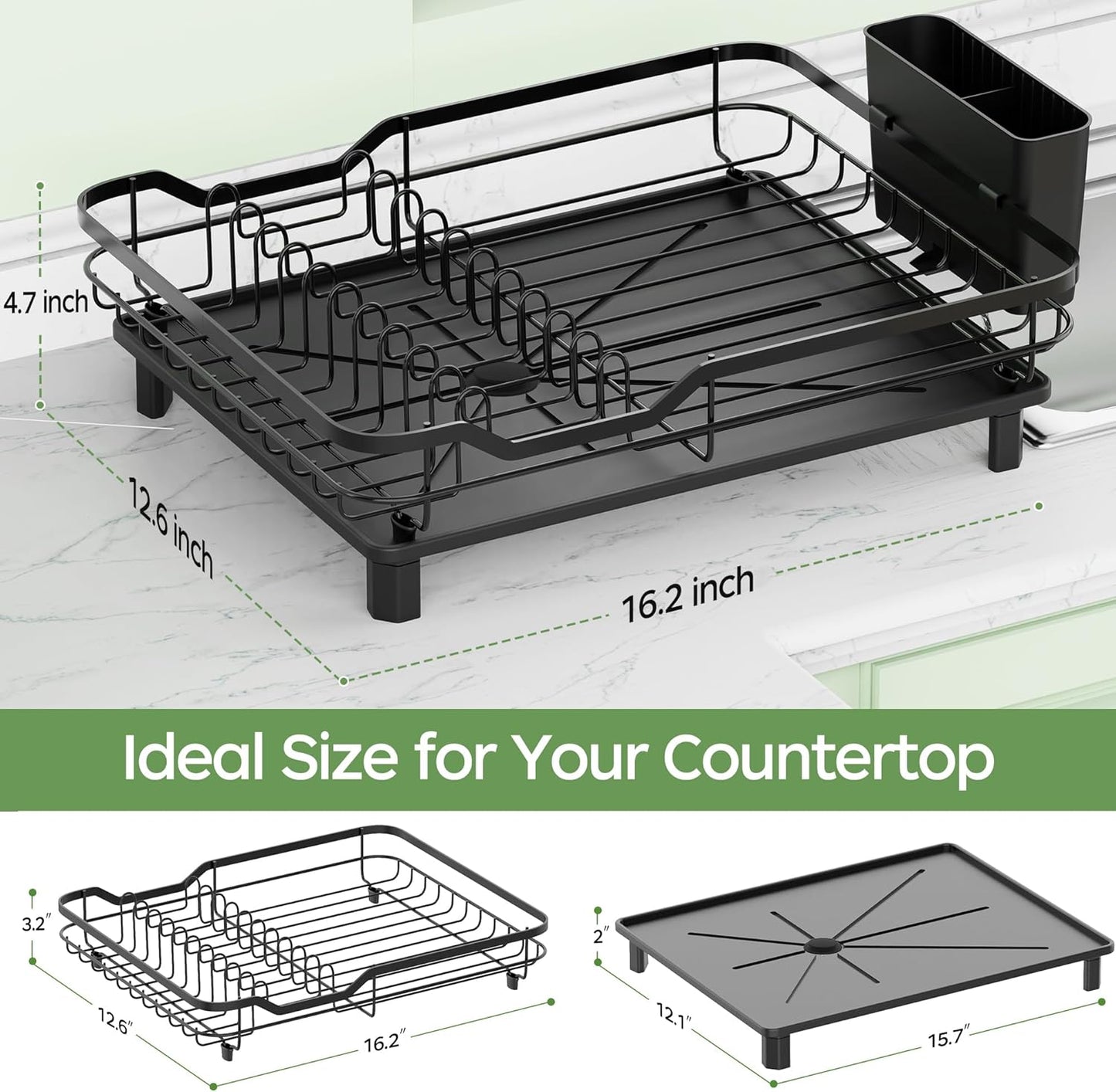 Dish Drying Rack, Stainless Steel Rustproof Dish Rack for Kitchen Counter, Sturdy Dish Drainer with Drainboard, Drainage, Utensil Holder for Various Kitchenware, 16.2"(L) x 12.6"(W), Black