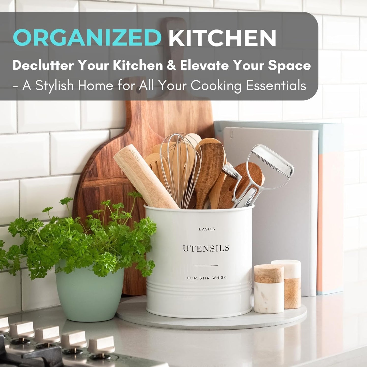 D'Lifeful Kitchen Utensil Holder for Countertop - 7" x 7" Large Utensil Holder for Kitchen Counter - Farmhouse Spatula & Cooking Tools Organizer - White Metal Crock for Modern Aesthetics