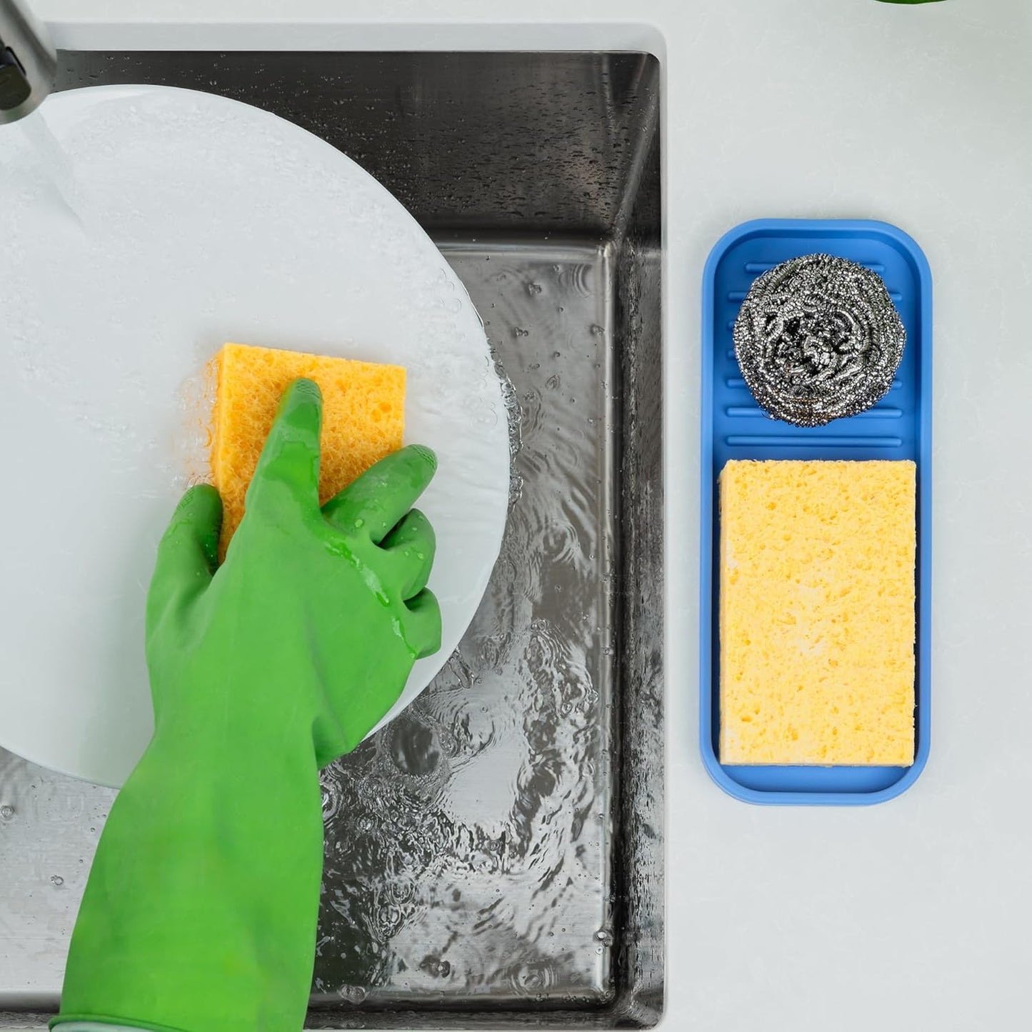 Zulay Kitchen (9x3.5) Silicone Sponge Holder for Kitchen Sink - Flexible Multipurpose Soap Tray Sponge Holder - Sink Organizer Tray for, Bathroom, Makeup, Trinkets & More (Provence Blue)